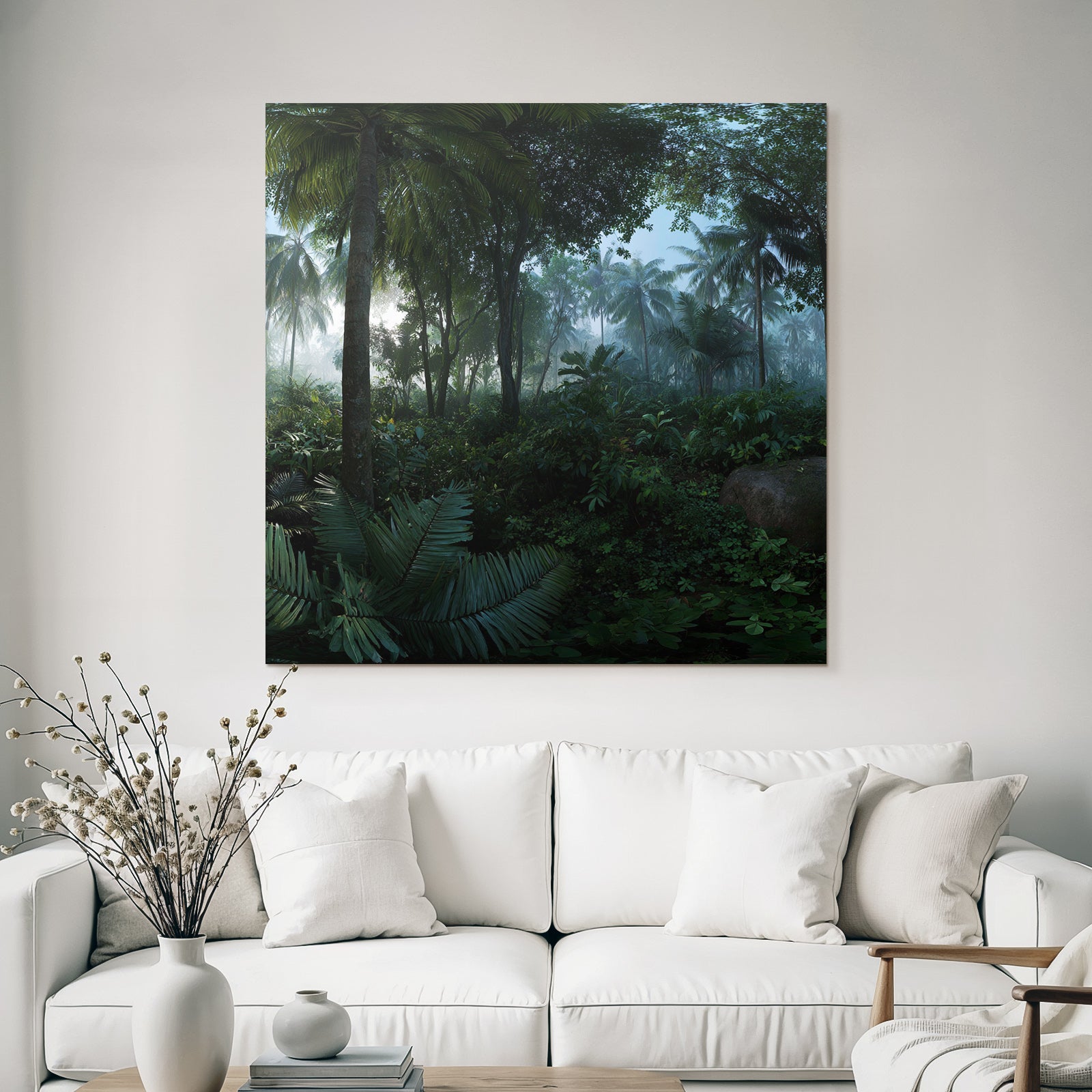 Tropics and Jungle Dense tropical forest scene with palm trees and ferns with fog and light filtering