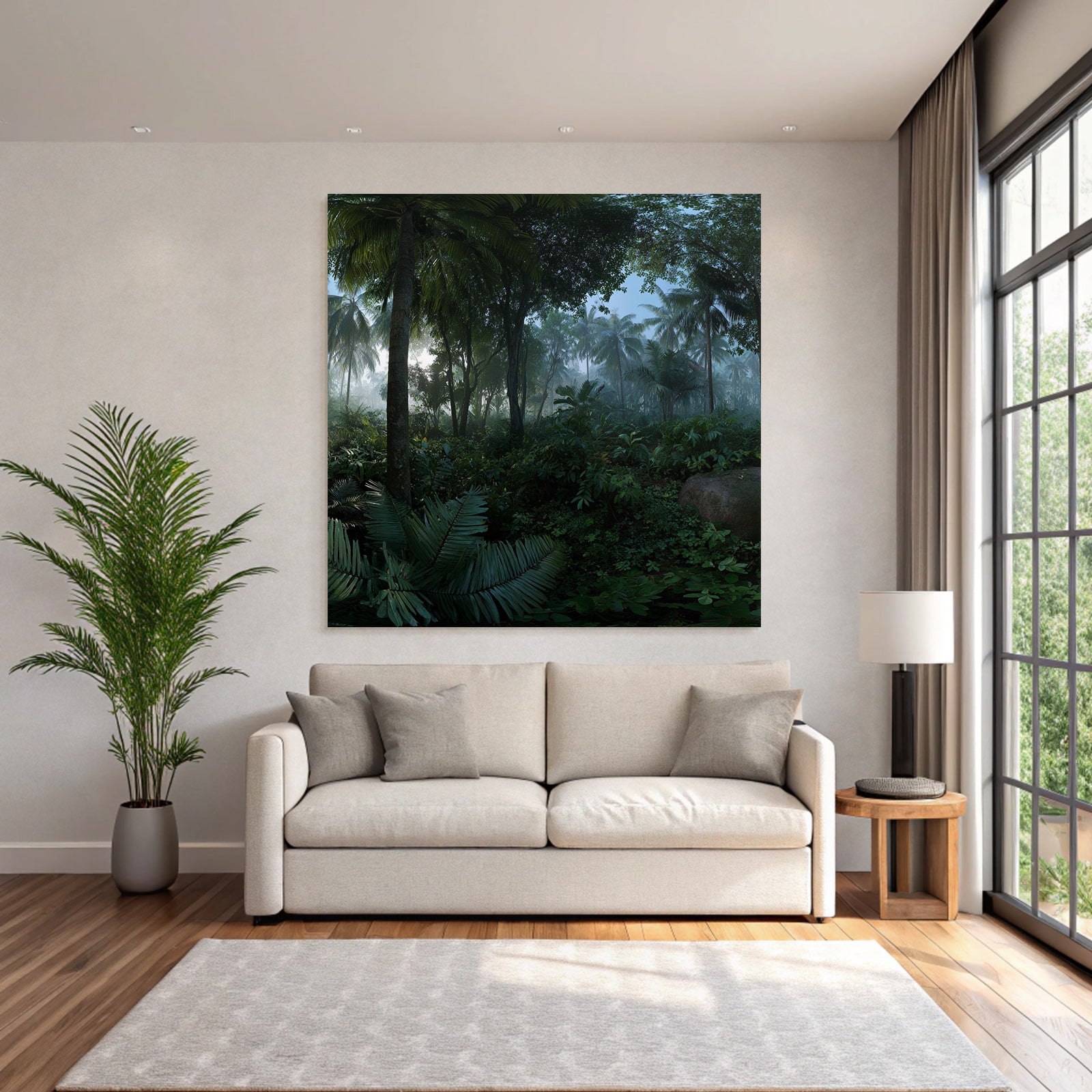 Tropics and Jungle Dense tropical forest scene with palm trees and ferns with fog and light filtering