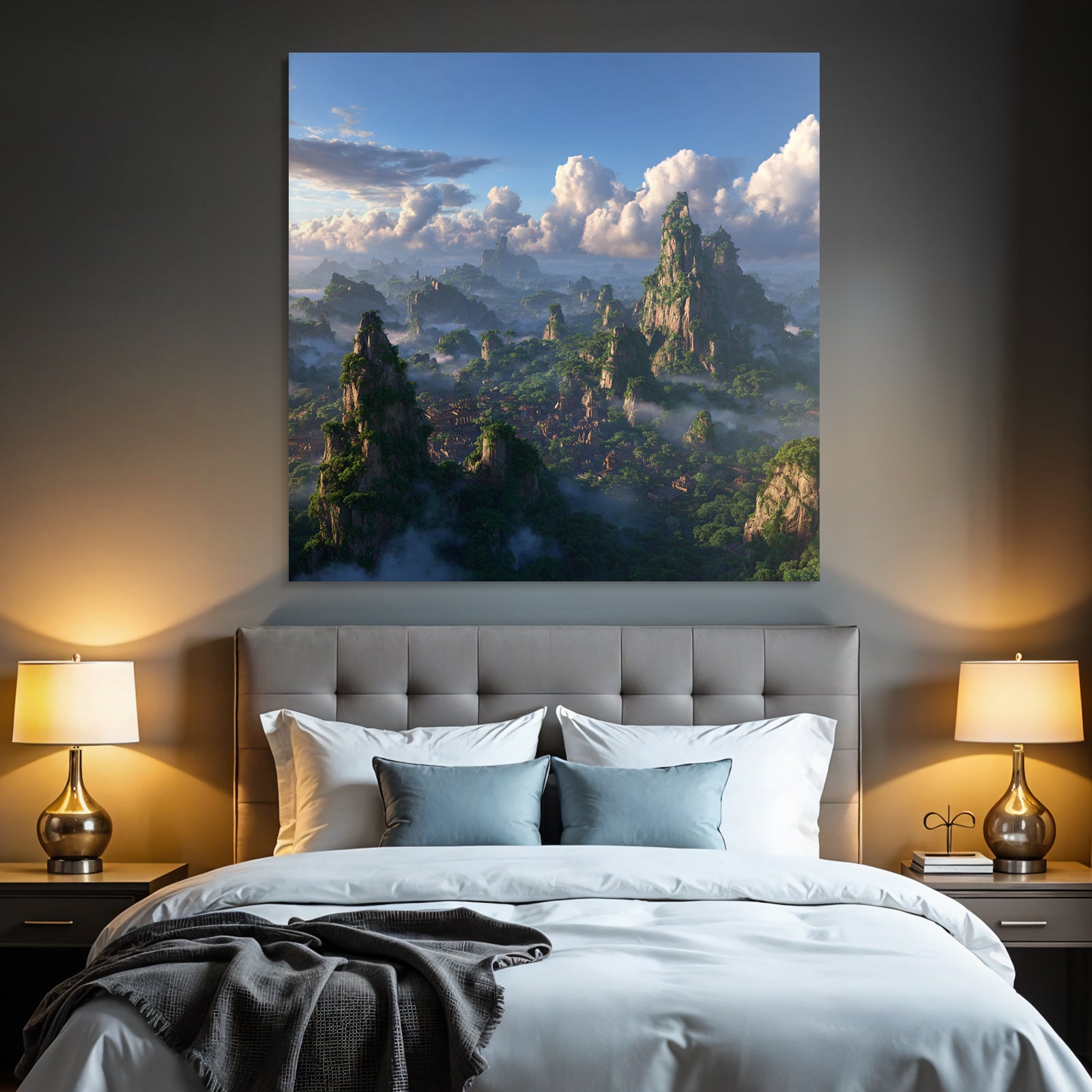 Tropics and jungle. Fantastic landscape with mountains and green forests.