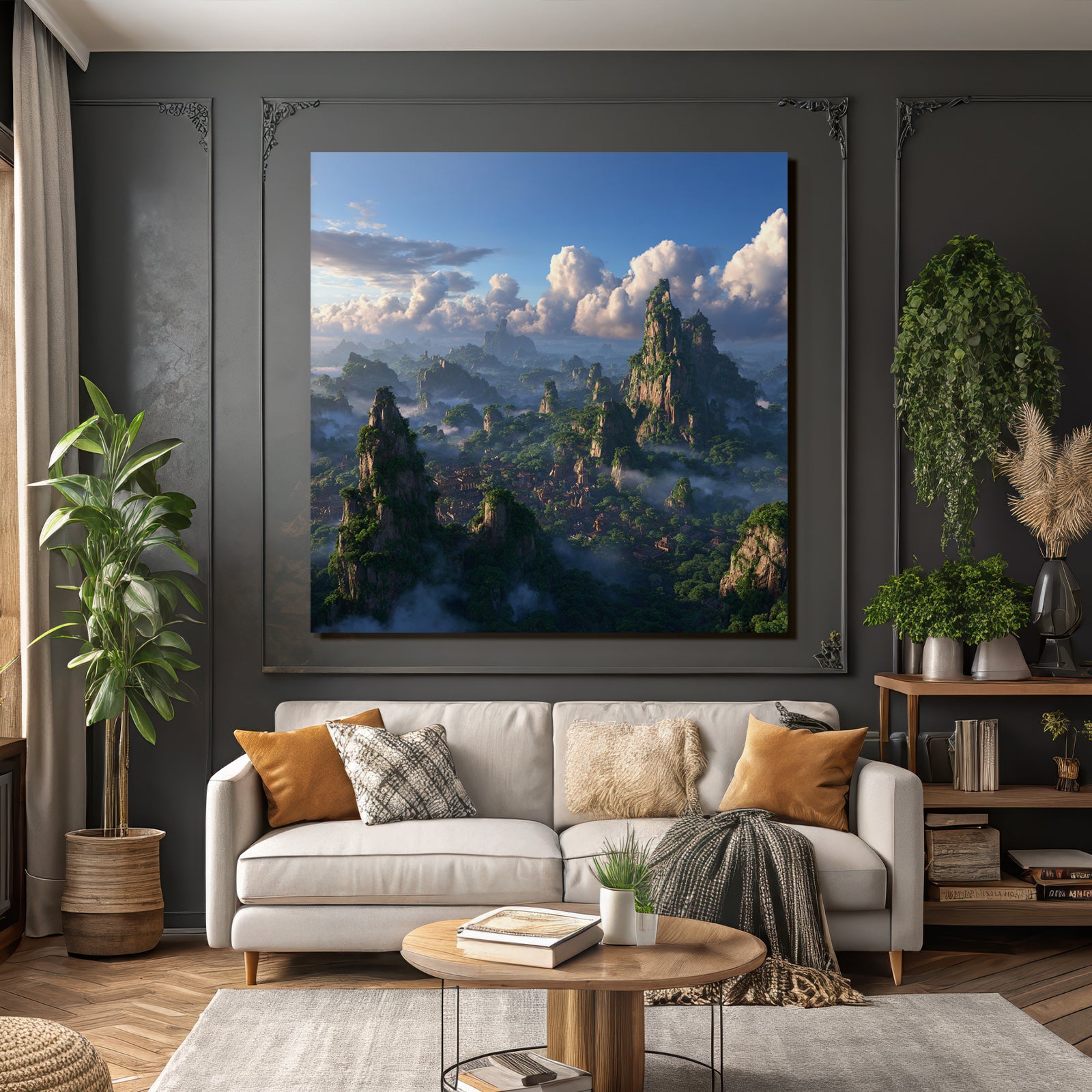 Tropics and jungle. Fantastic landscape with mountains and green forests.