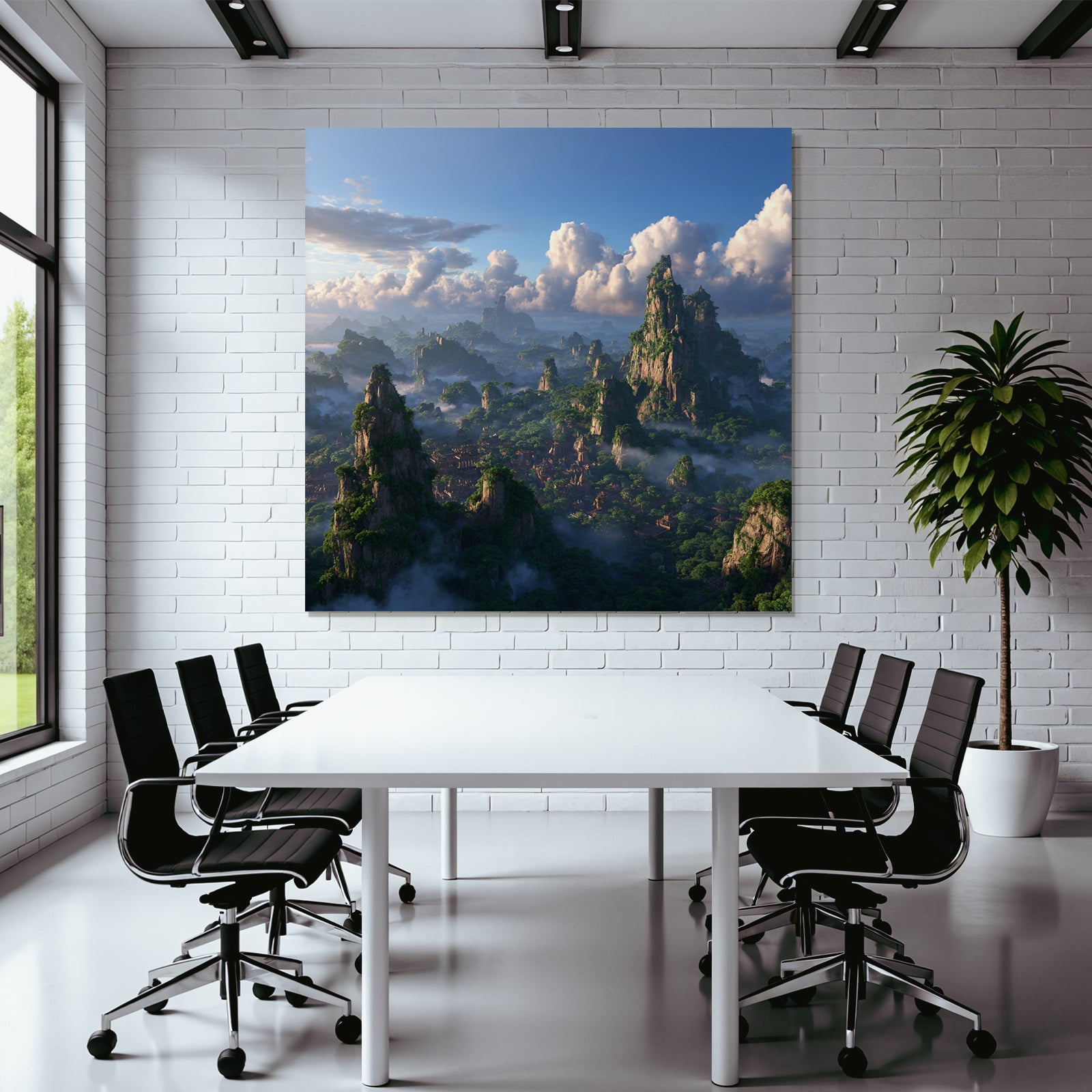 Tropics and jungle. Fantastic landscape with mountains and green forests.