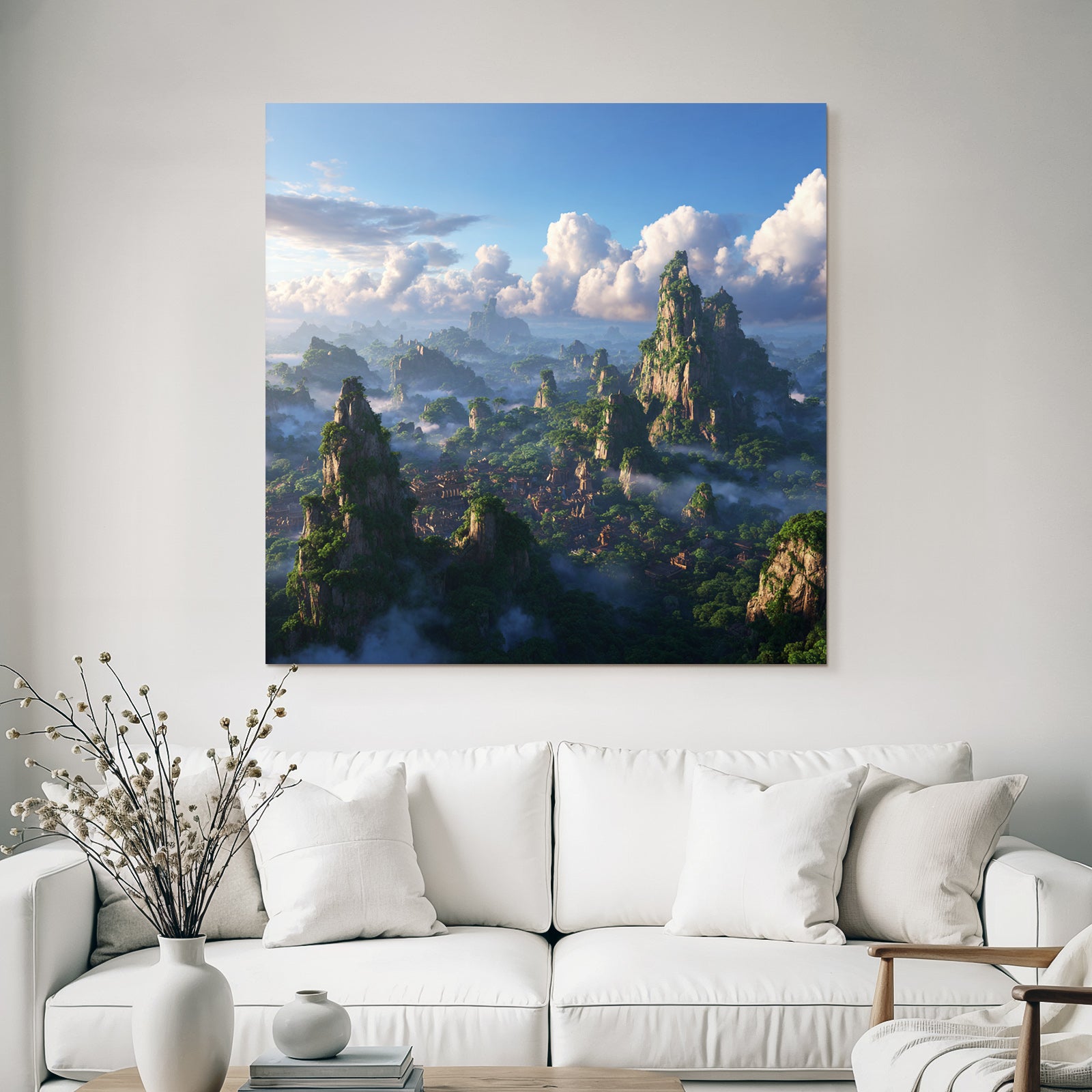 Tropics and jungle. Fantastic landscape with mountains and green forests.