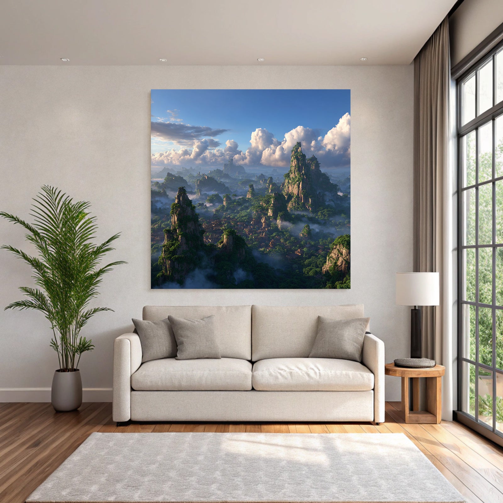 Tropics and jungle. Fantastic landscape with mountains and green forests.