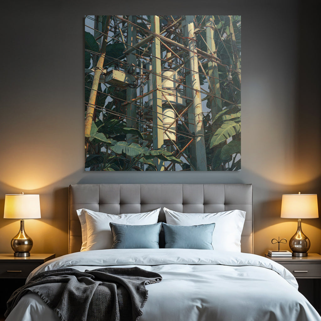 Tropics and jungle communication tower surrounded by plants artistic representation