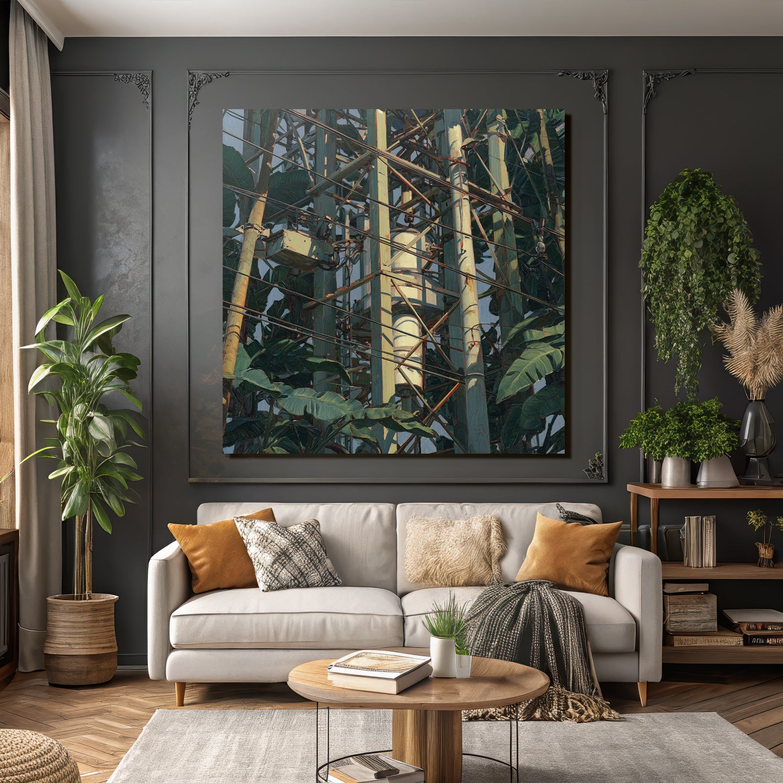 Tropics and jungle communication tower surrounded by plants artistic representation