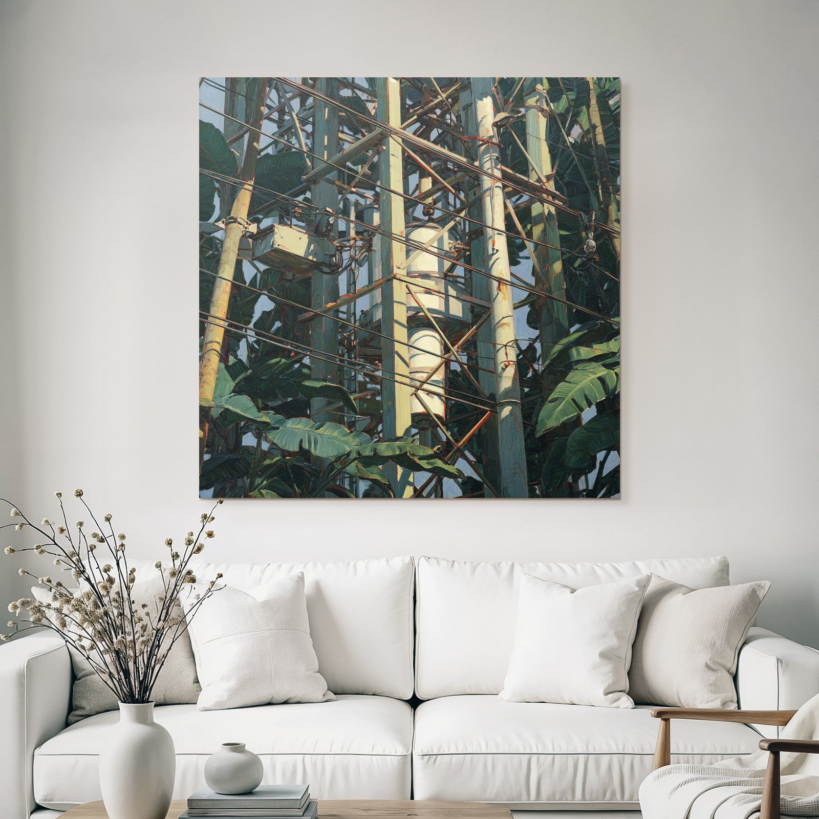 Tropics and jungle communication tower surrounded by plants artistic representation