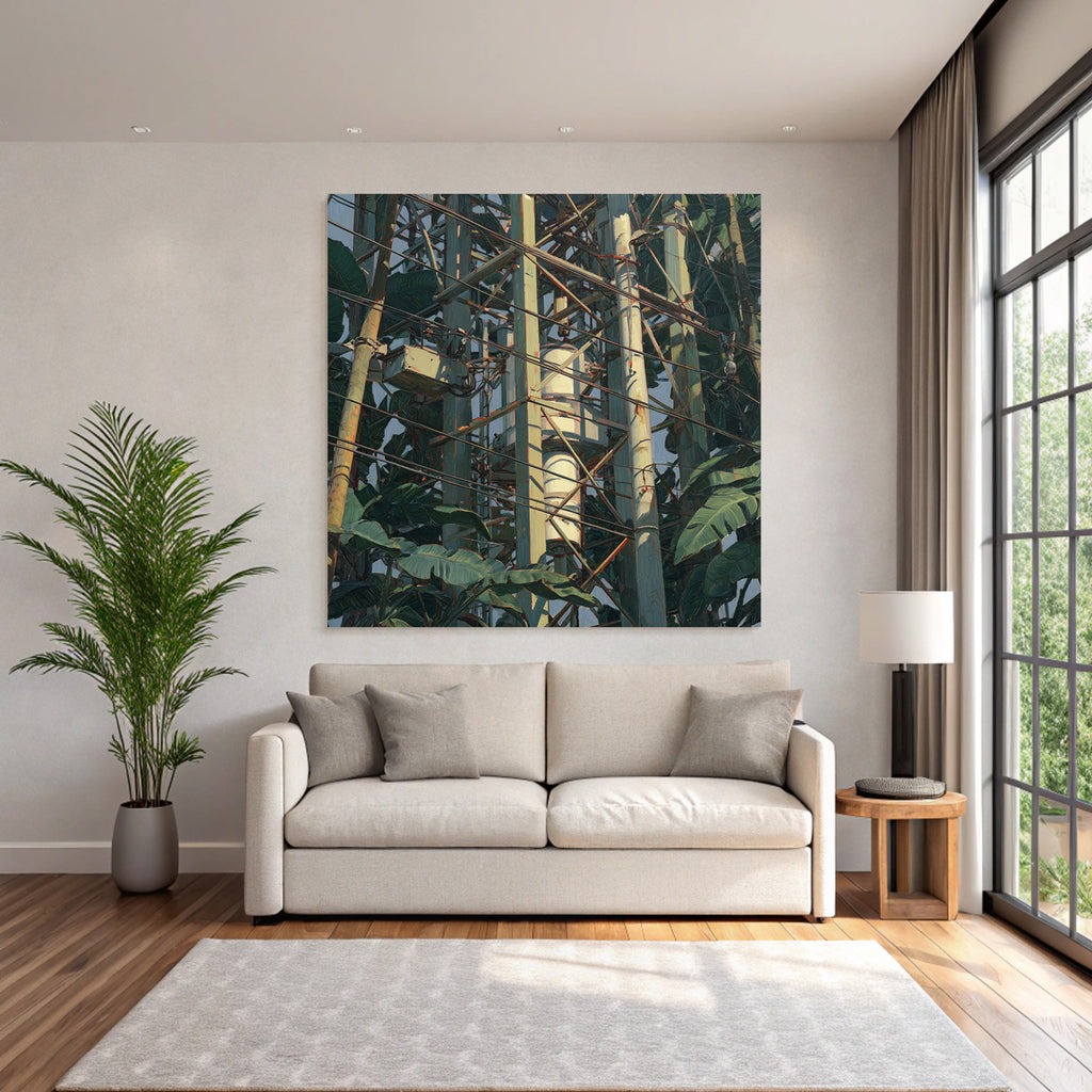 Tropics and jungle communication tower surrounded by plants artistic representation