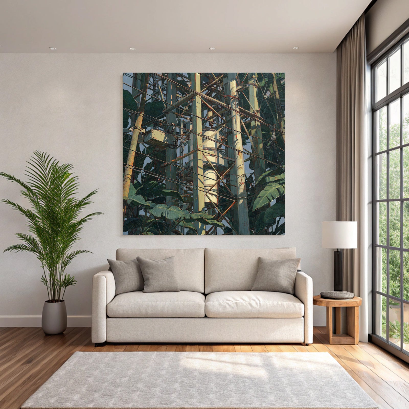 Tropics and jungle communication tower surrounded by plants artistic representation