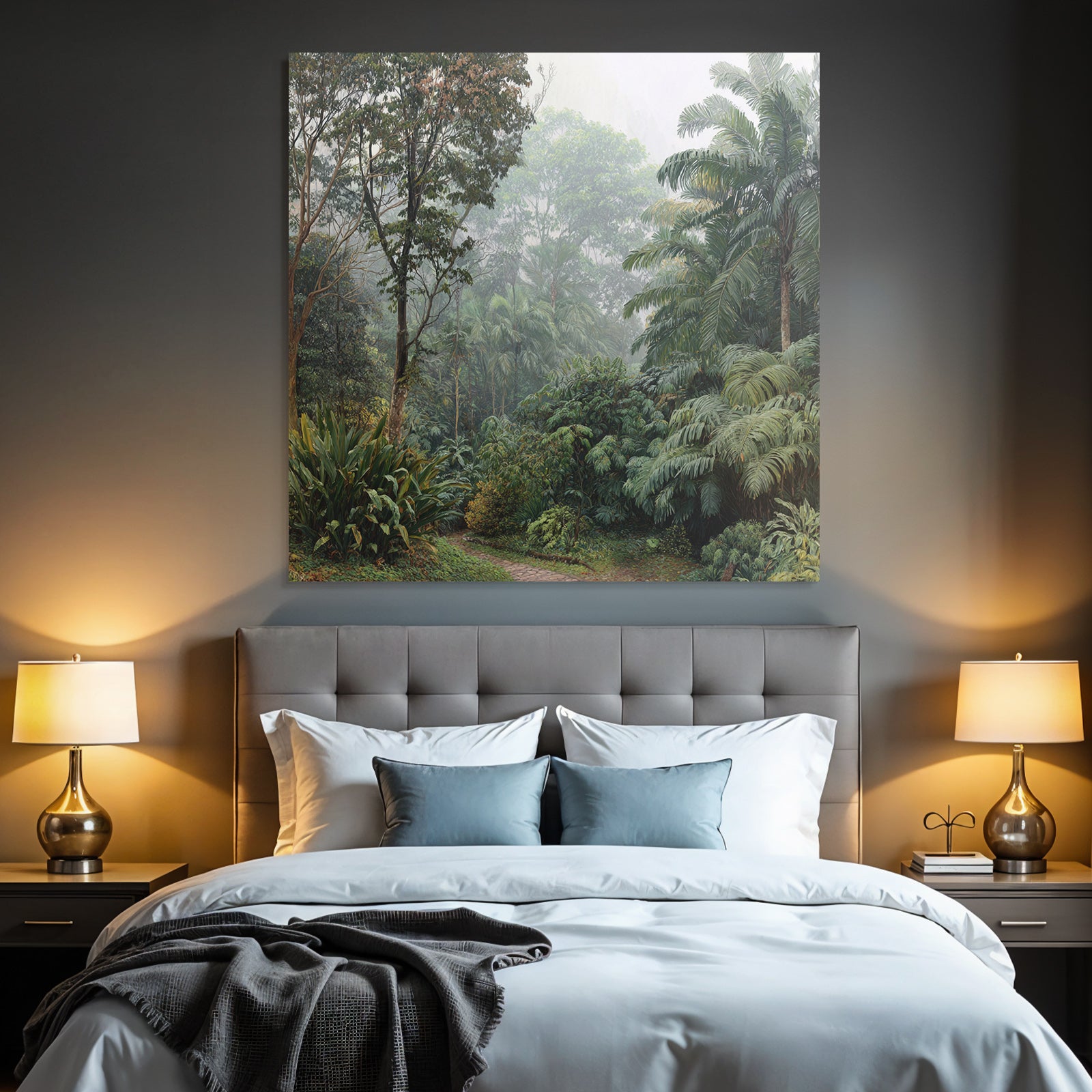 Tropical and Jungle Lush Misty Forest Landscape with Stone Path
