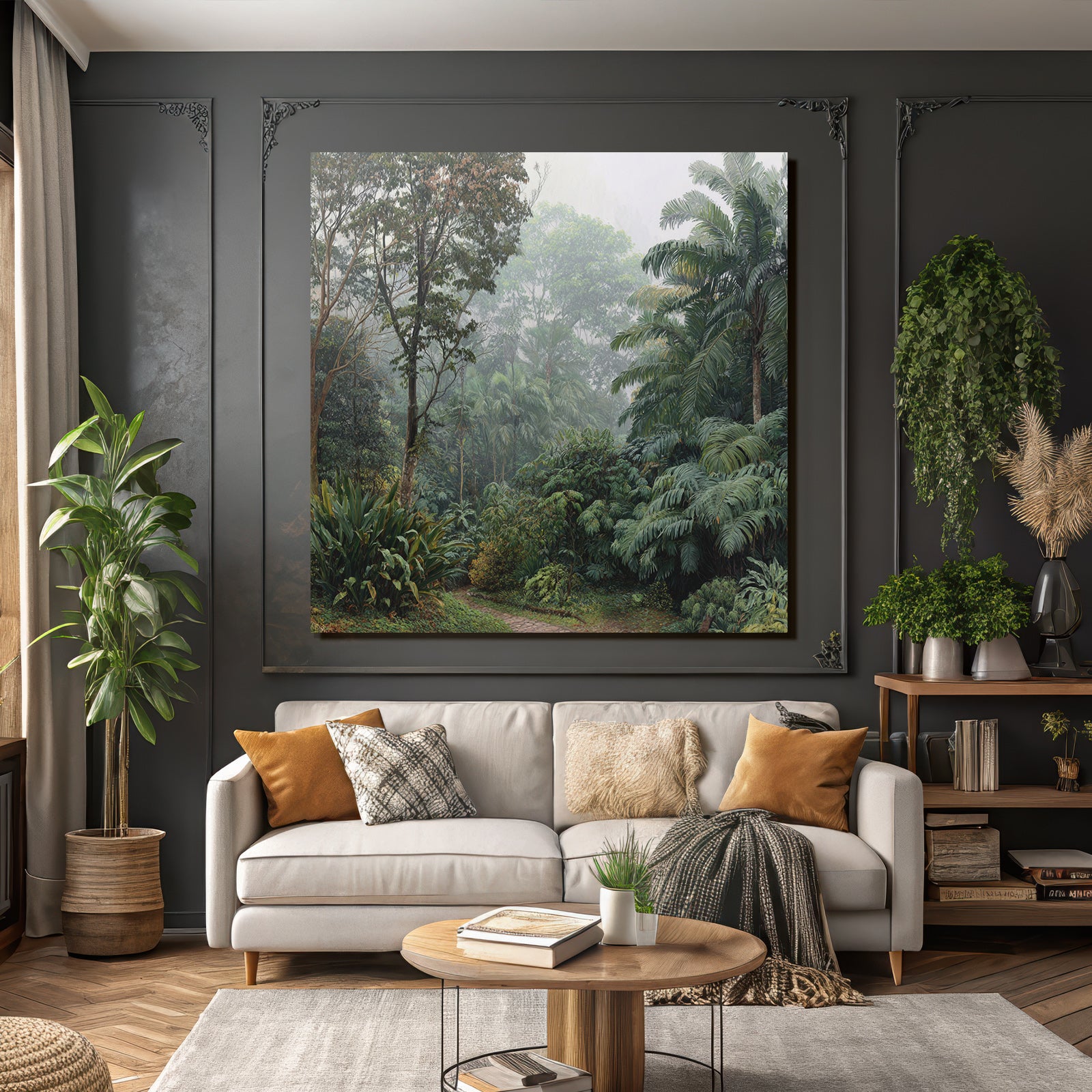 Tropical and Jungle Lush Misty Forest Landscape with Stone Path