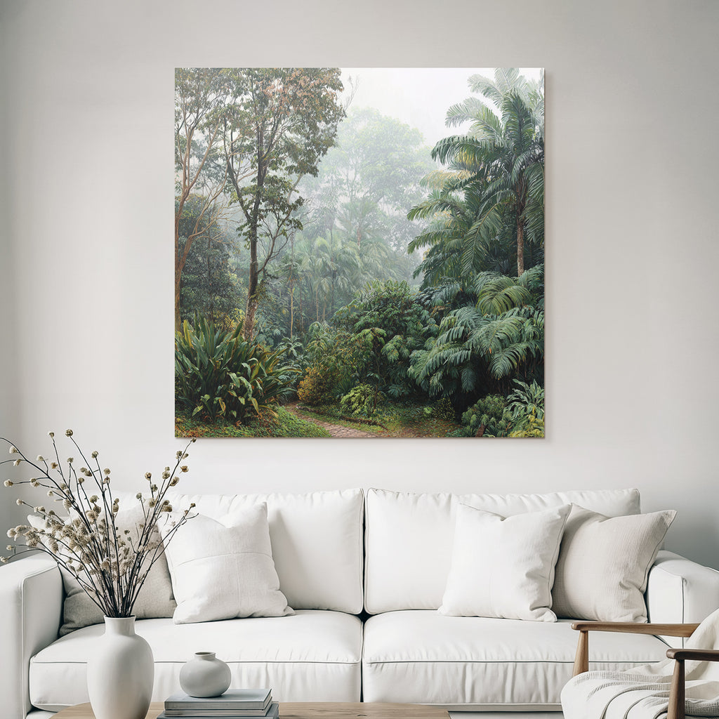 Tropical and Jungle Lush Misty Forest Landscape with Stone Path