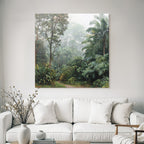 Tropical and Jungle Lush Misty Forest Landscape with Stone Path