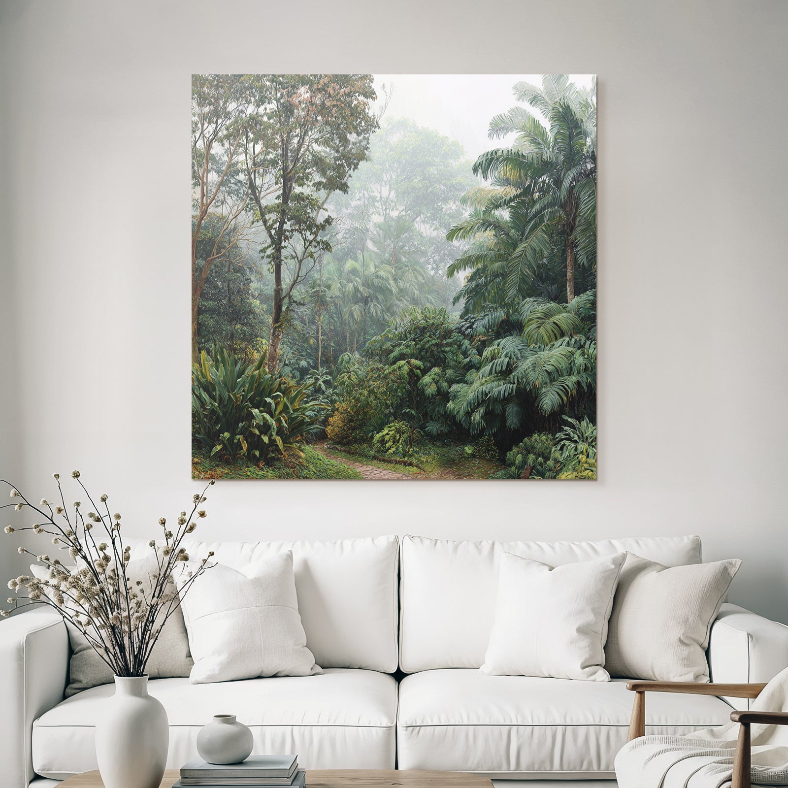 Tropical and Jungle Lush Misty Forest Landscape with Stone Path