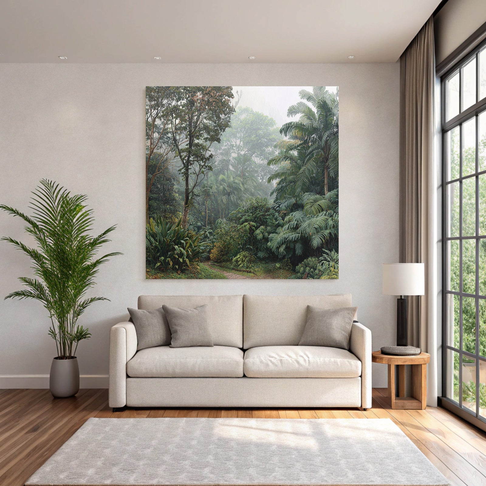 Tropical and Jungle Lush Misty Forest Landscape with Stone Path