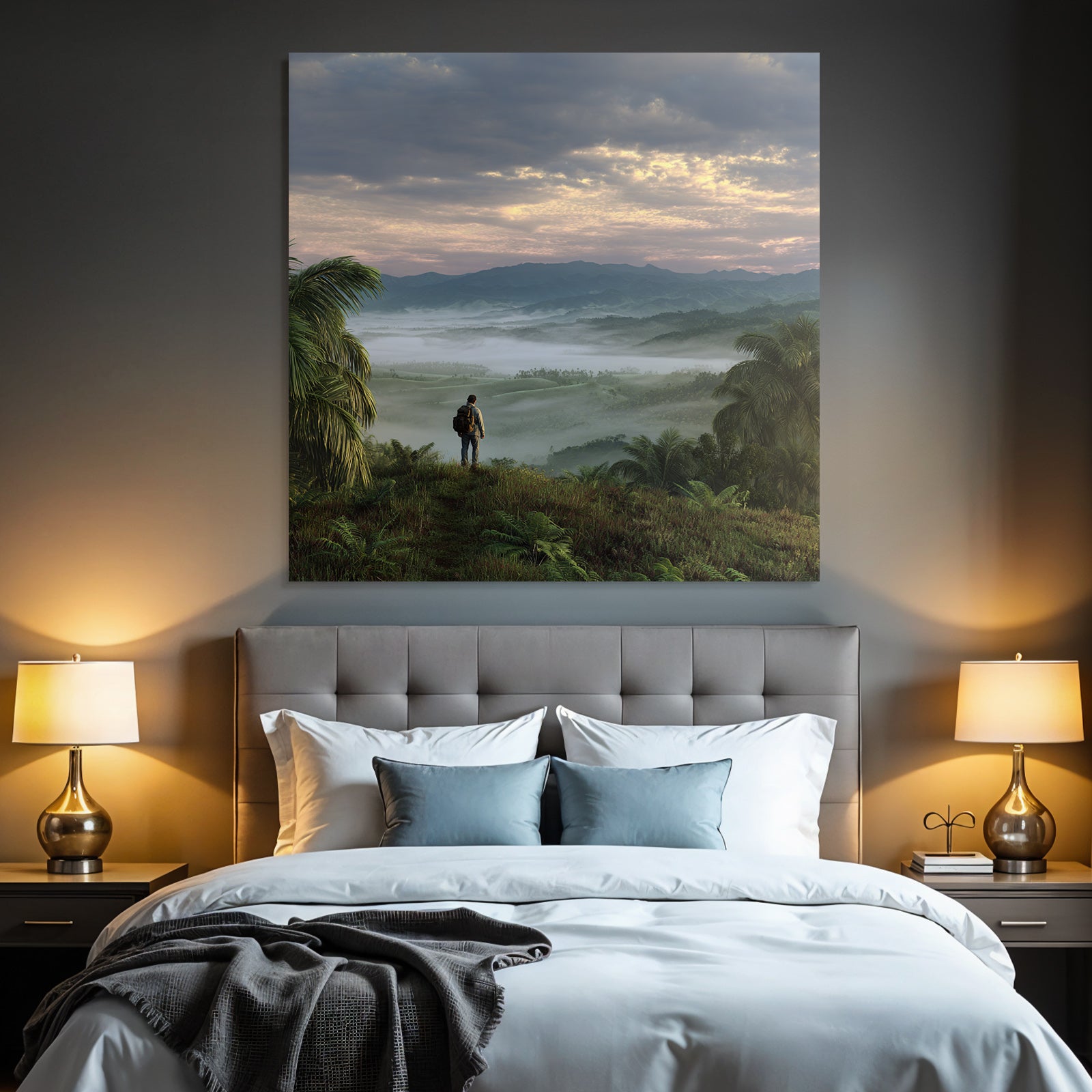 Tropics and jungle person on hill overlooking country landscape with mountains and mist