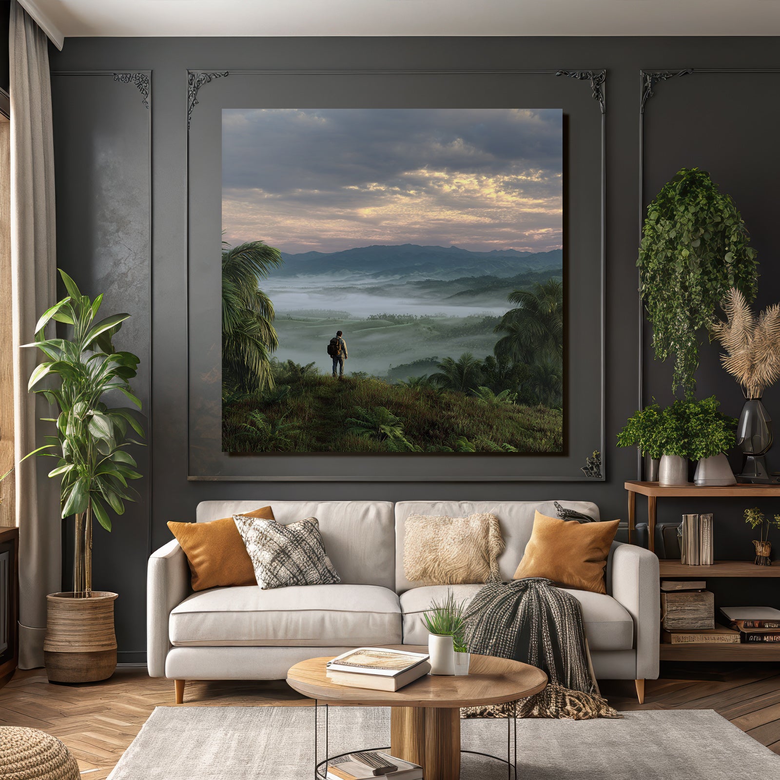Tropics and jungle person on hill overlooking country landscape with mountains and mist