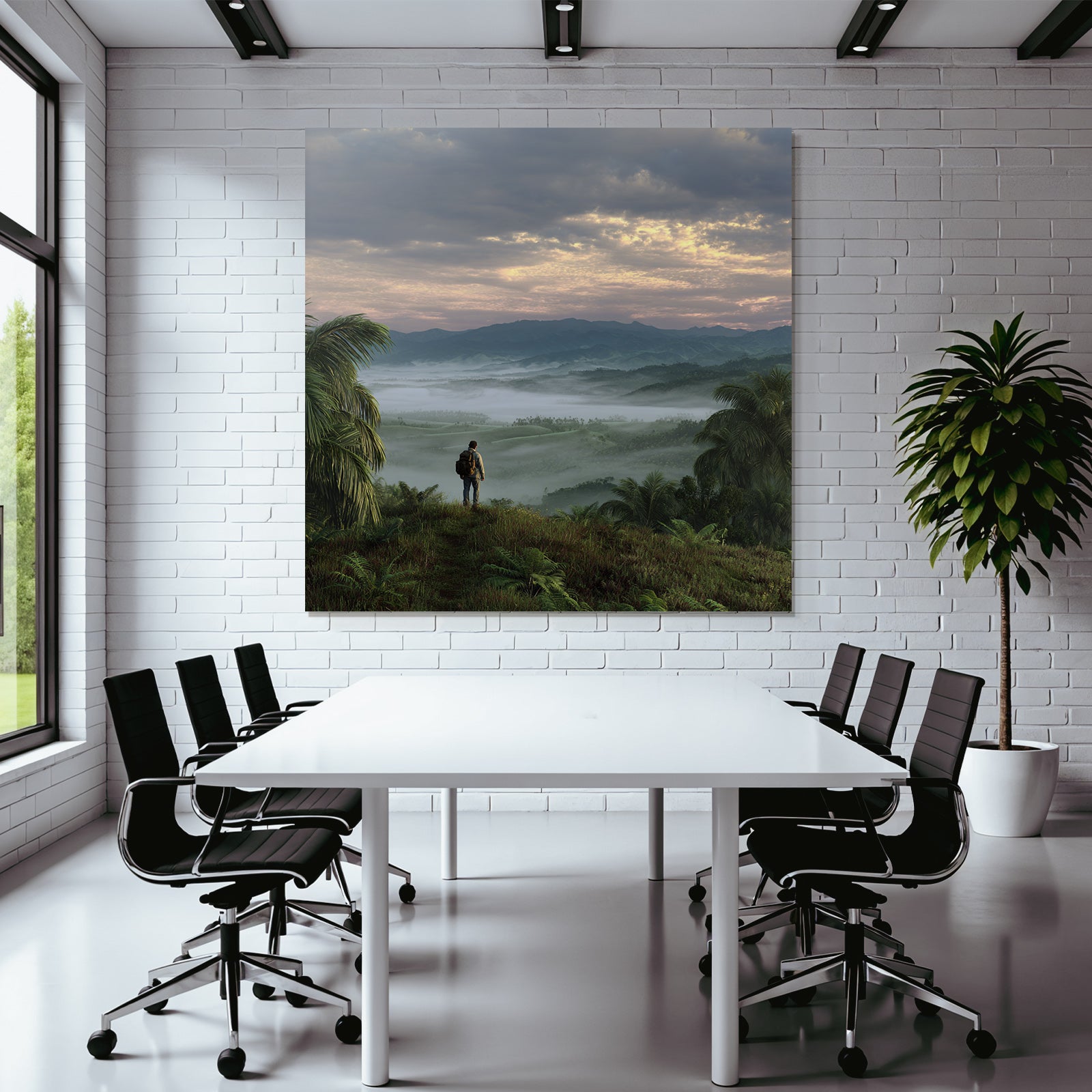 Tropics and jungle person on hill overlooking country landscape with mountains and mist