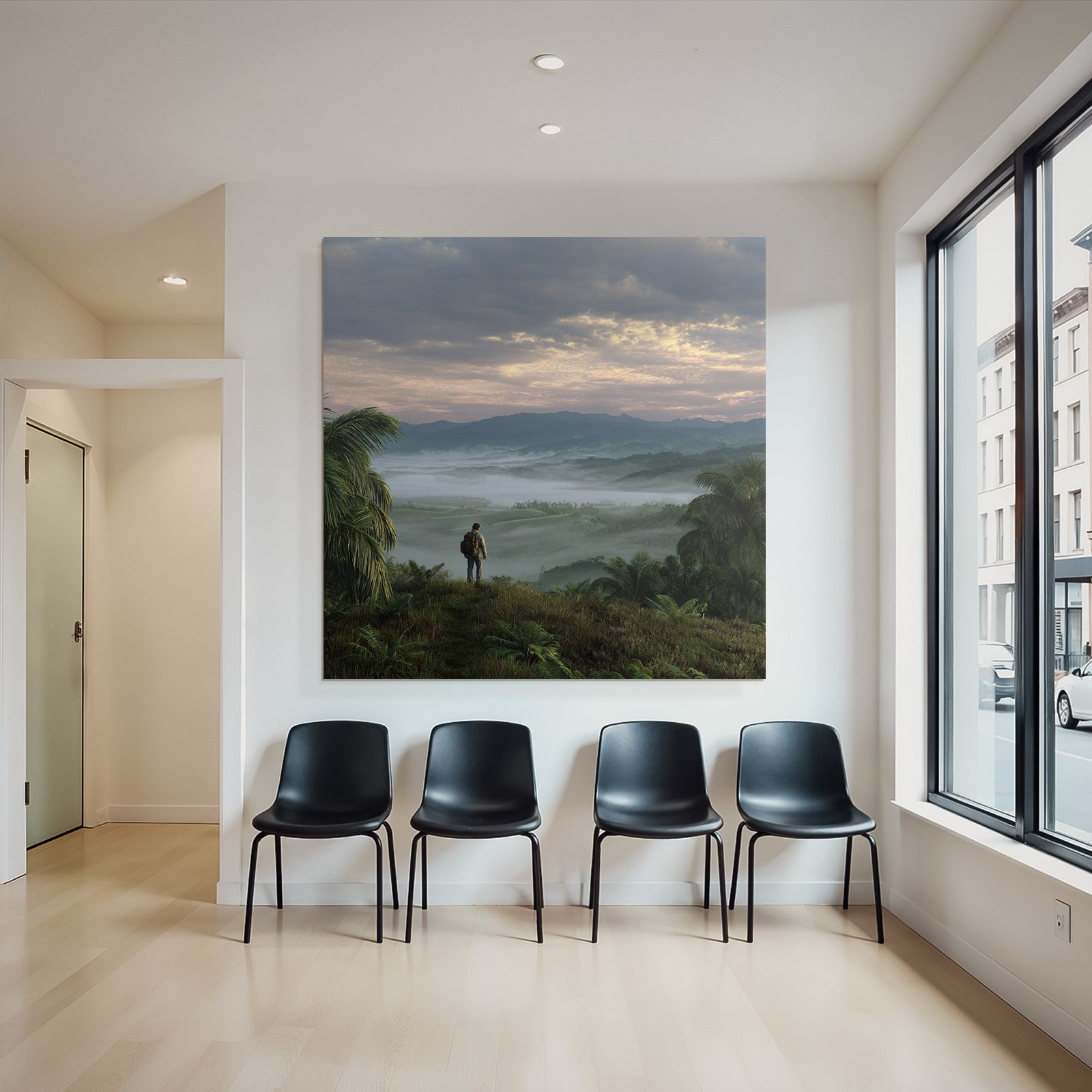 Tropics and jungle person on hill overlooking country landscape with mountains and mist