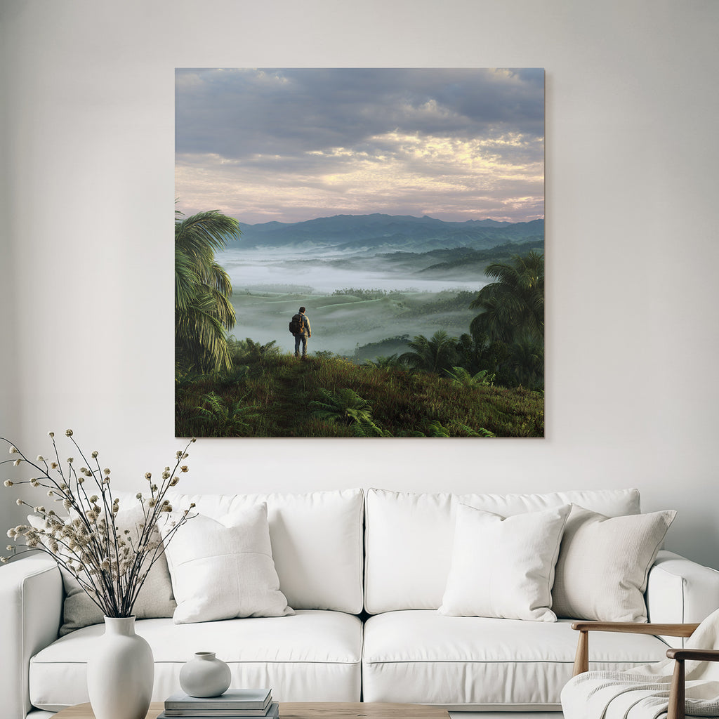 Tropics and jungle person on hill overlooking country landscape with mountains and mist