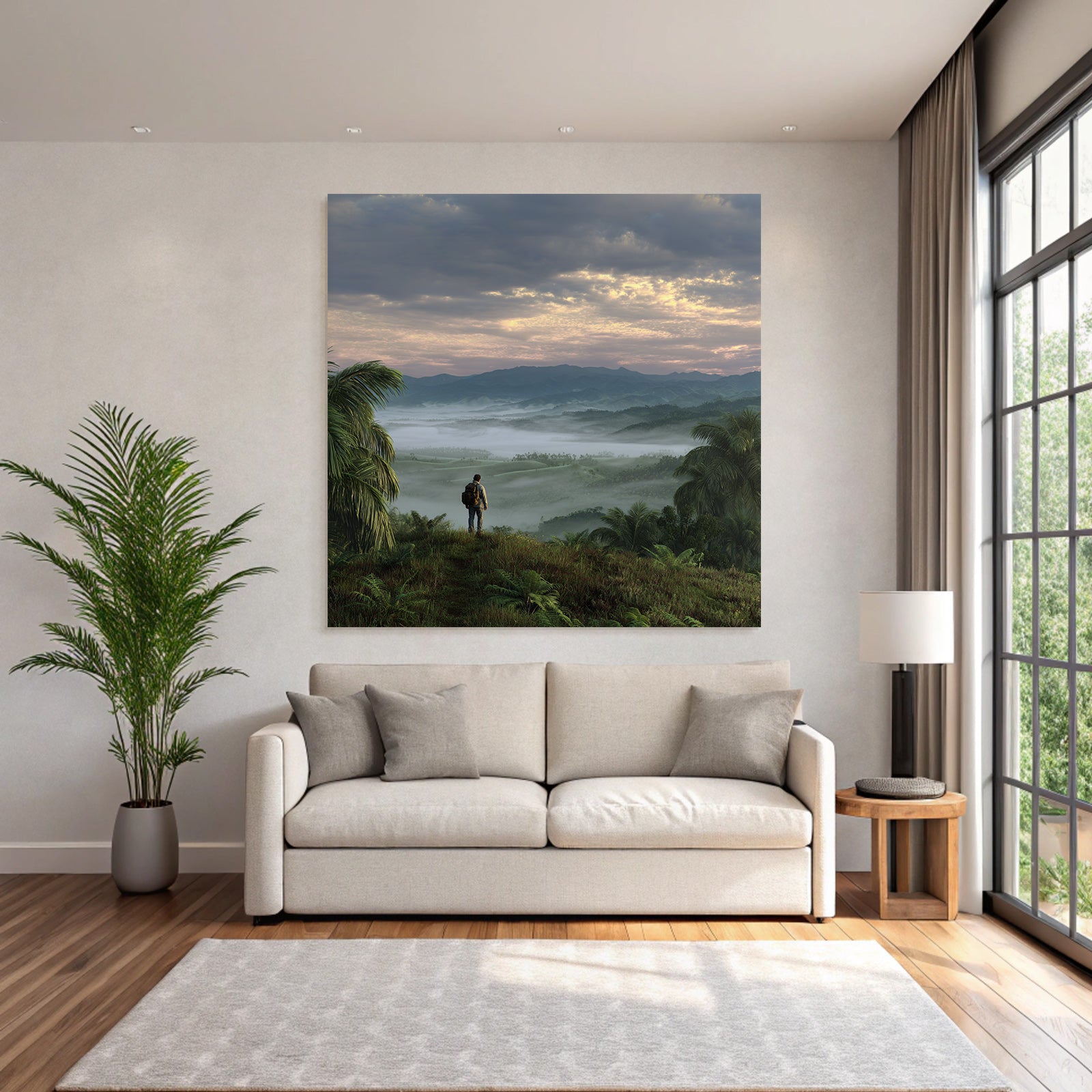 Tropics and jungle person on hill overlooking country landscape with mountains and mist