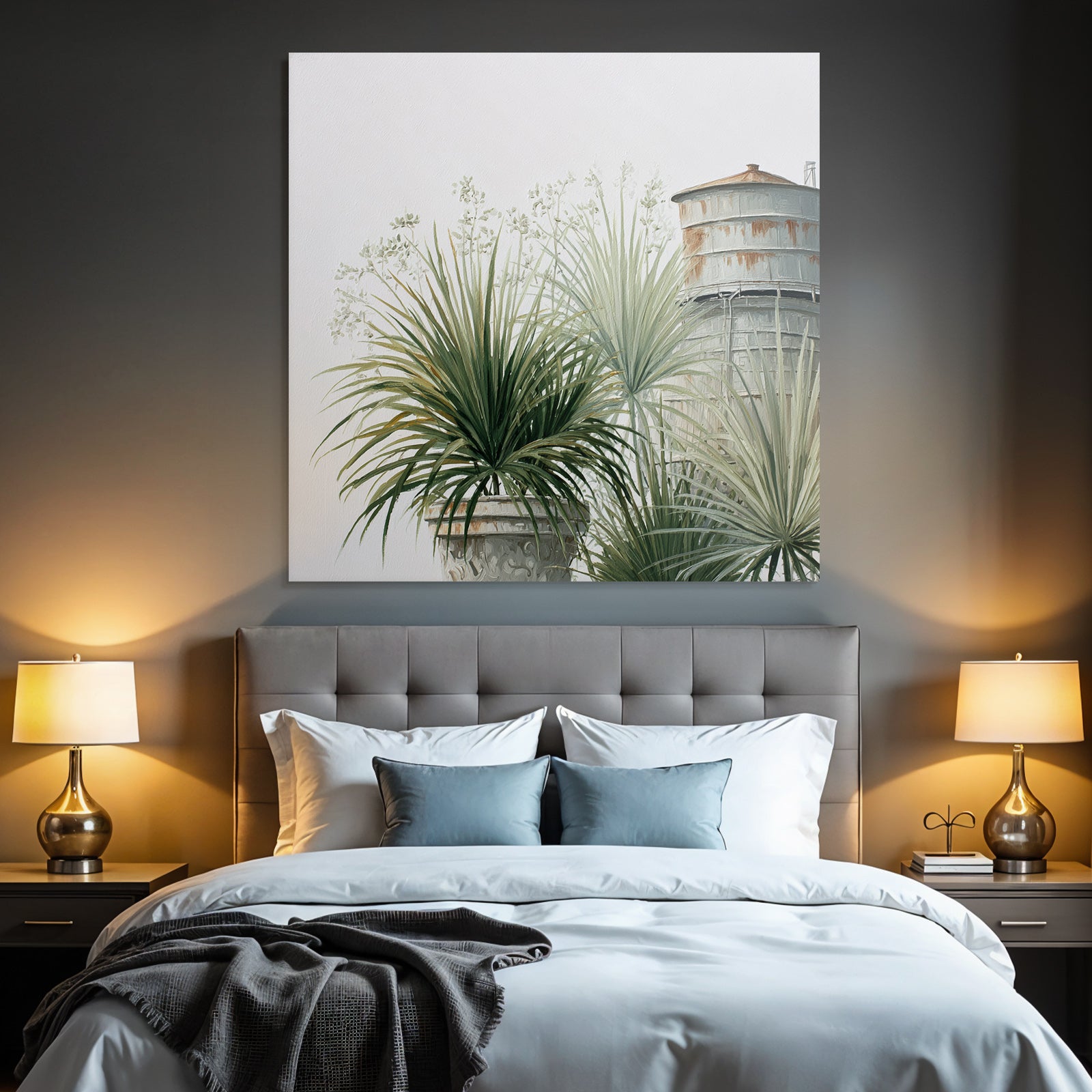 Tropical and jungle plants in flowerpots next to water tower painting