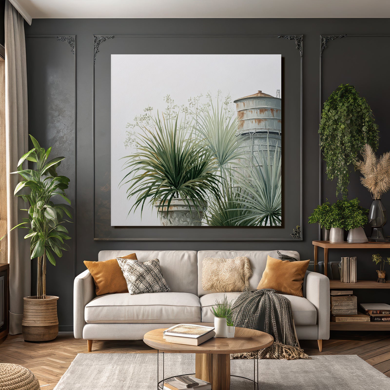 Tropical and jungle plants in flowerpots next to water tower painting