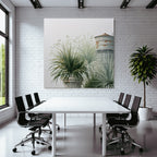 Tropical and jungle plants in flowerpots next to water tower painting