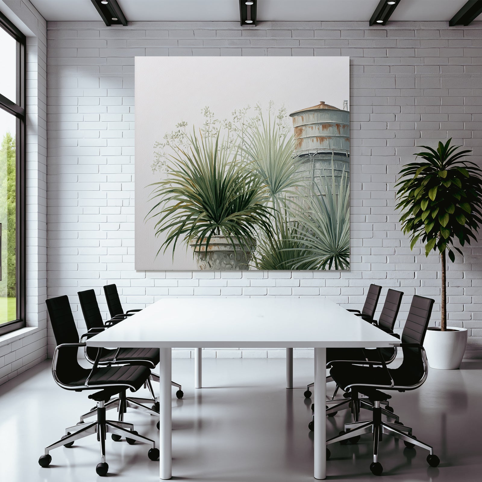 Tropical and jungle plants in flowerpots next to water tower painting