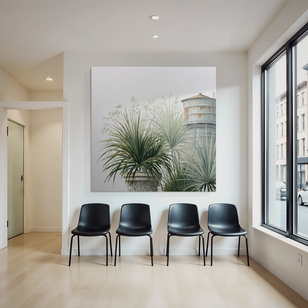 Tropical and jungle plants in flowerpots next to water tower painting