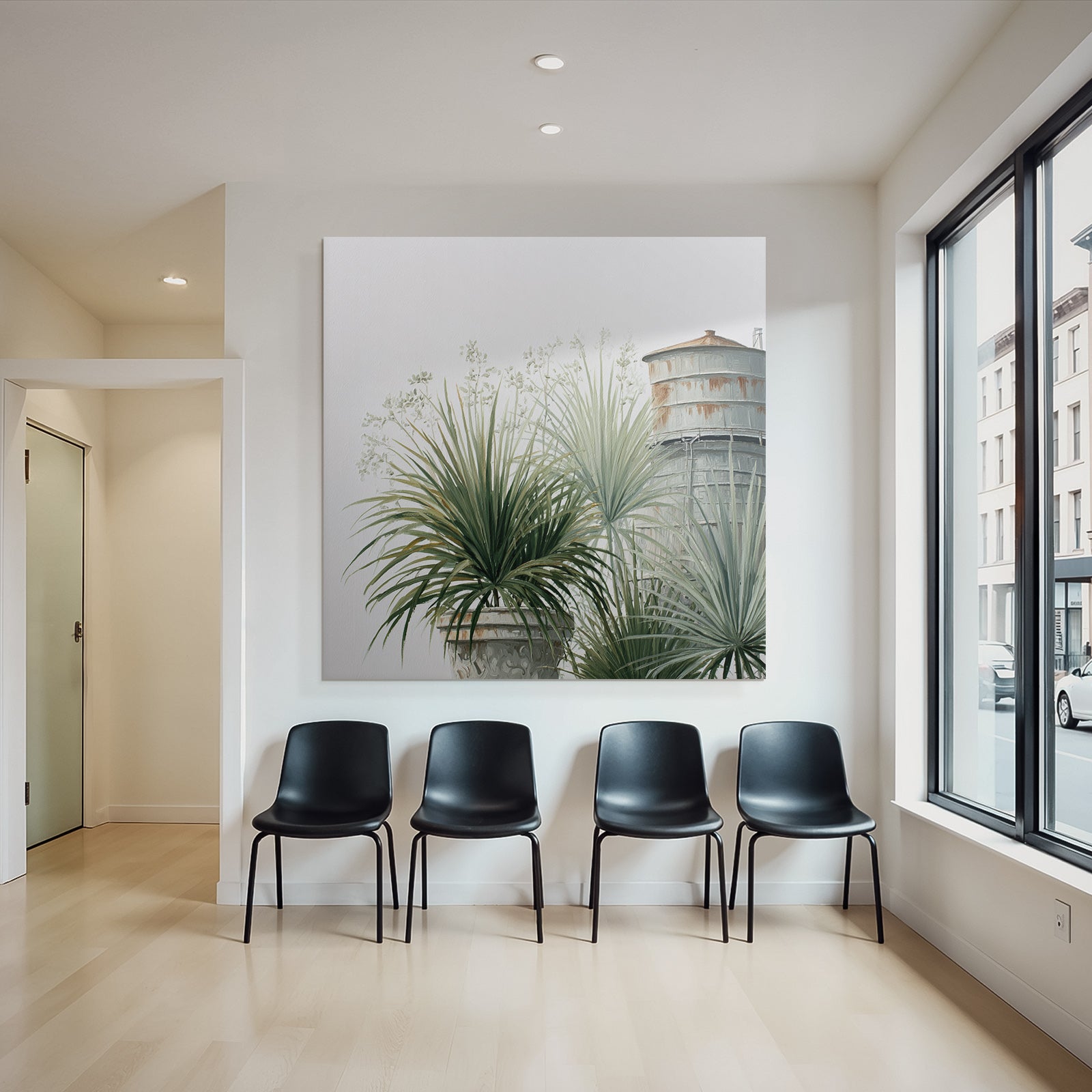 Tropical and jungle plants in flowerpots next to water tower painting