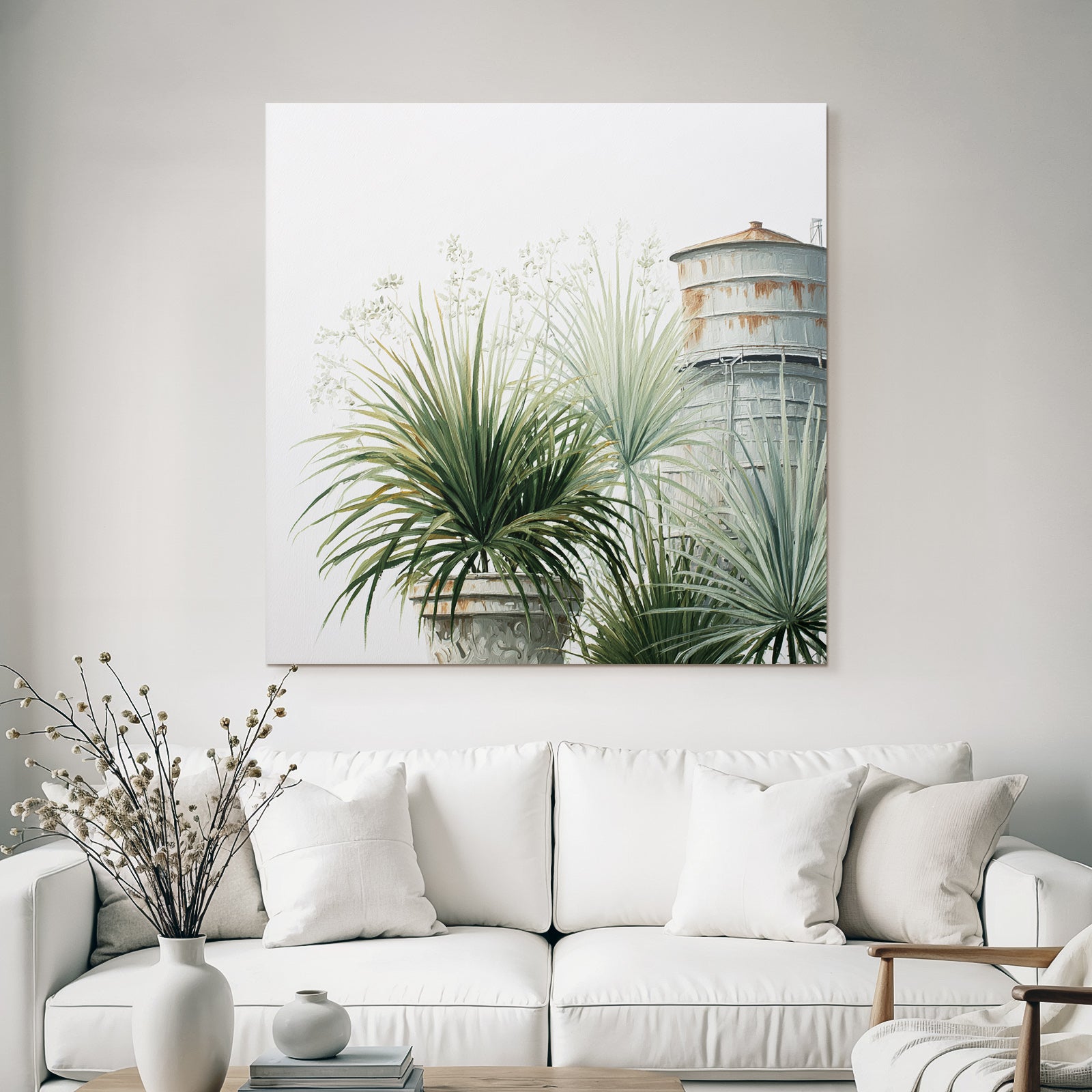 Tropical and jungle plants in flowerpots next to water tower painting