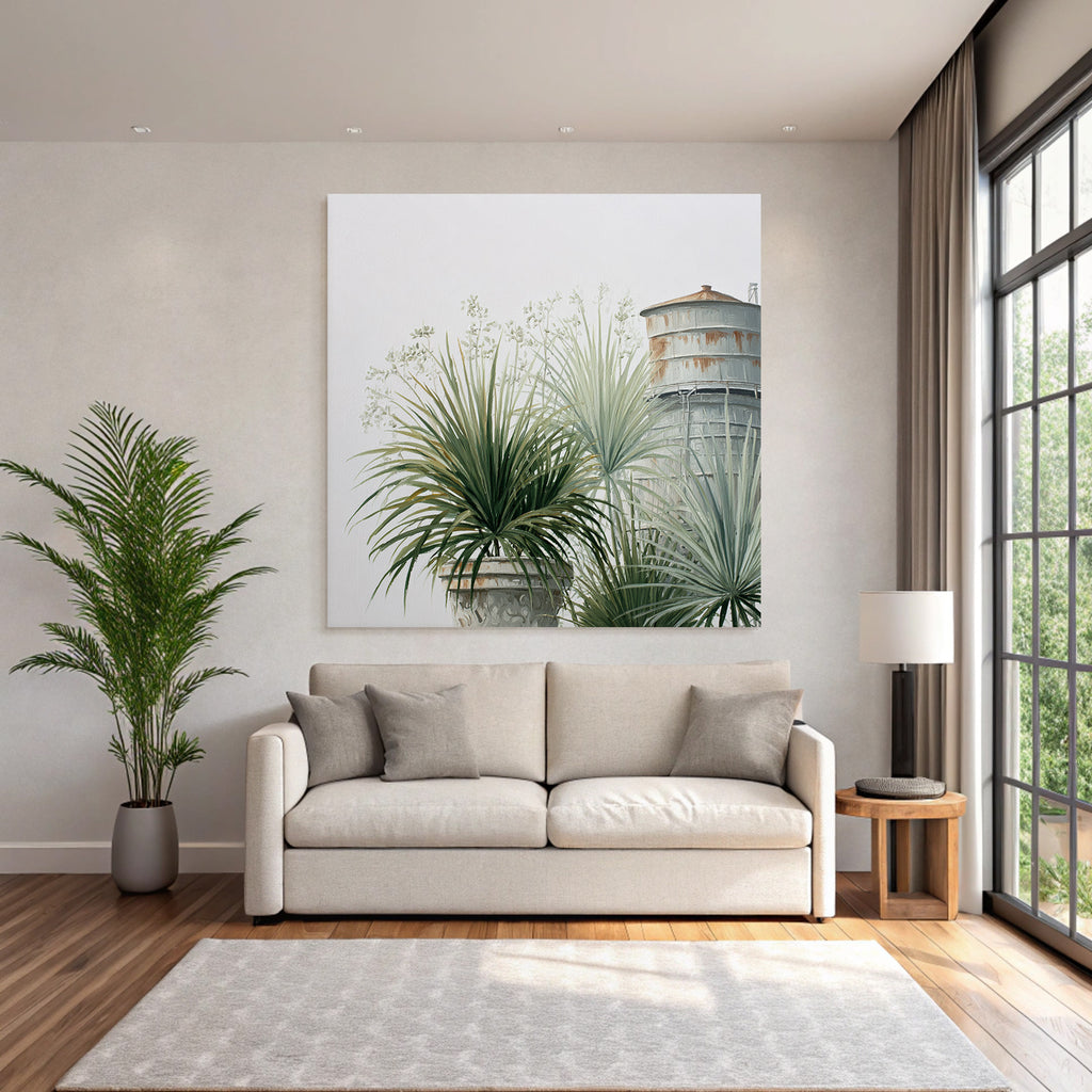 Tropical and jungle plants in flowerpots next to water tower painting