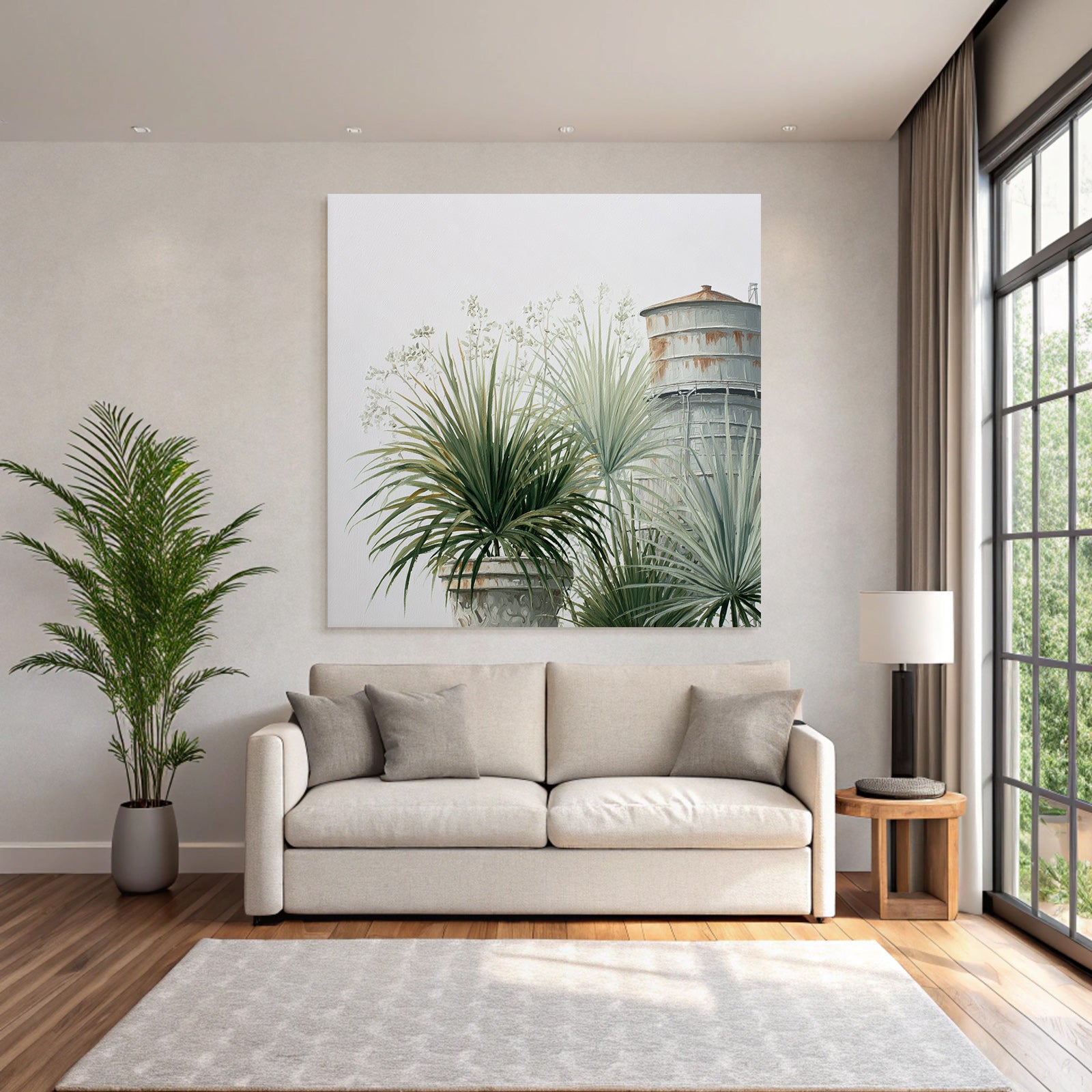 Tropical and jungle plants in flowerpots next to water tower painting