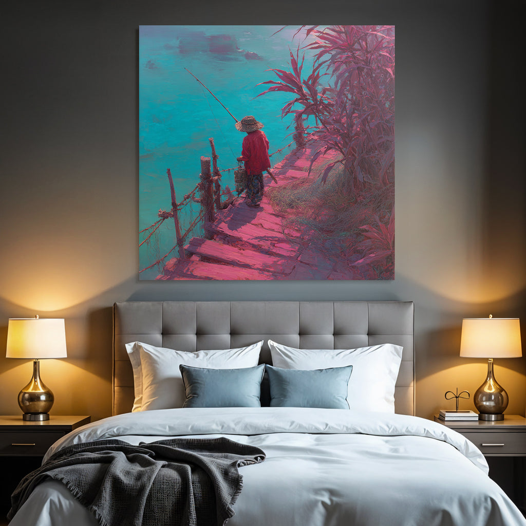Tropics and Jungle Tranquil Landscape Fisherman on Pier Vibrant Colors