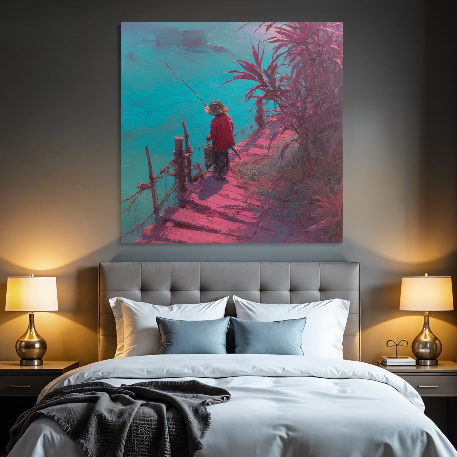 Tropics and Jungle Tranquil Landscape Fisherman on Pier Vibrant Colors