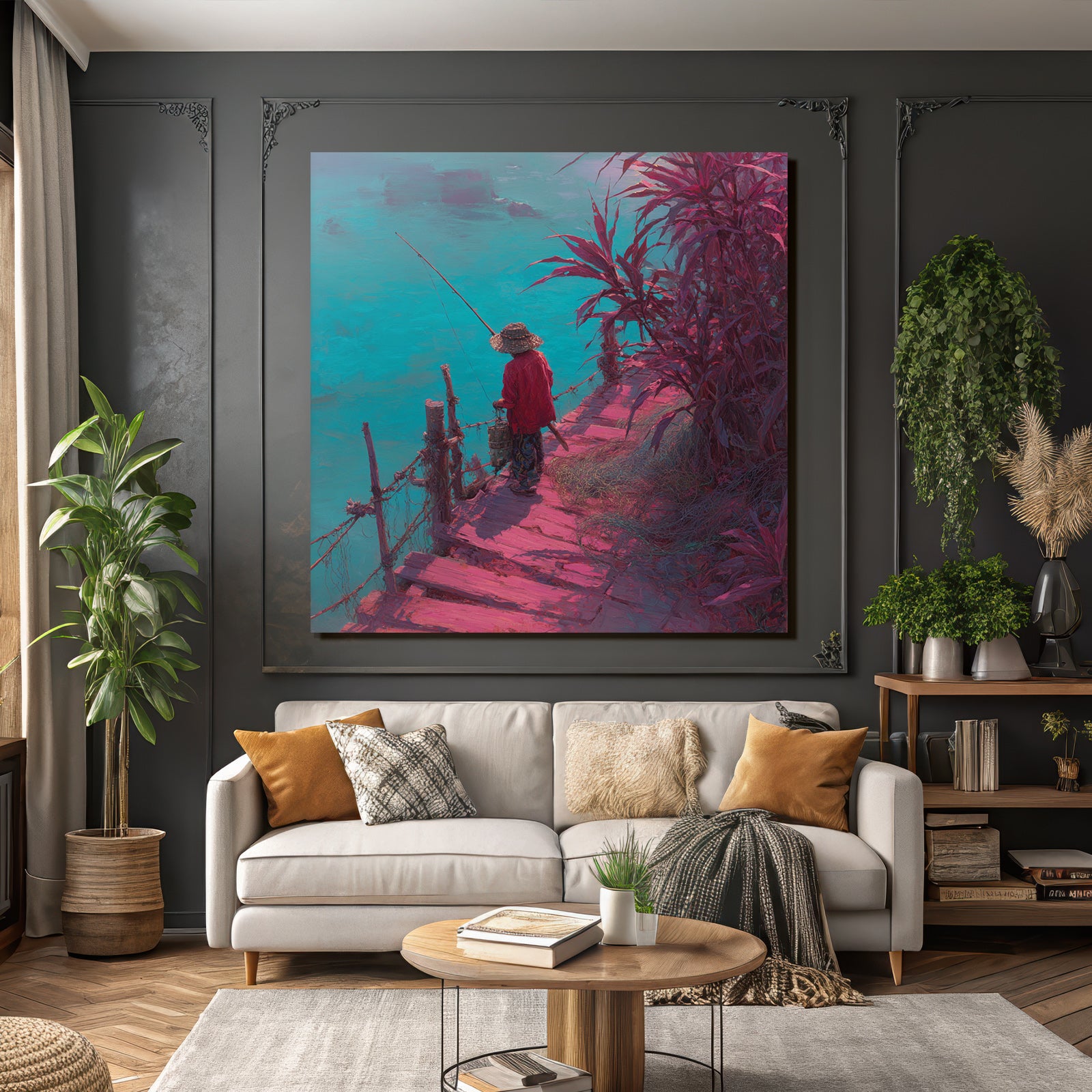 Tropics and Jungle Tranquil Landscape Fisherman on Pier Vibrant Colors