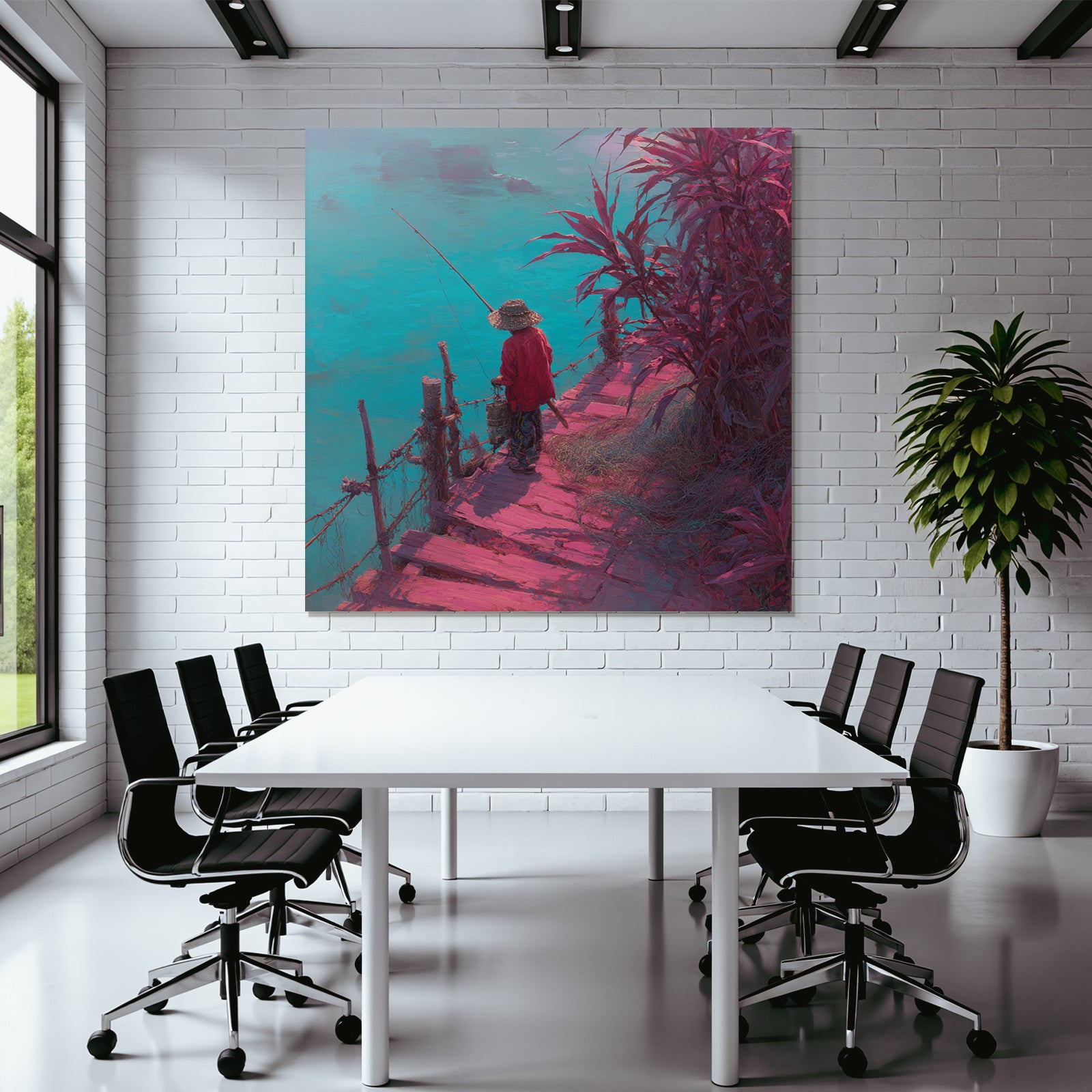 Tropics and Jungle Tranquil Landscape Fisherman on Pier Vibrant Colors