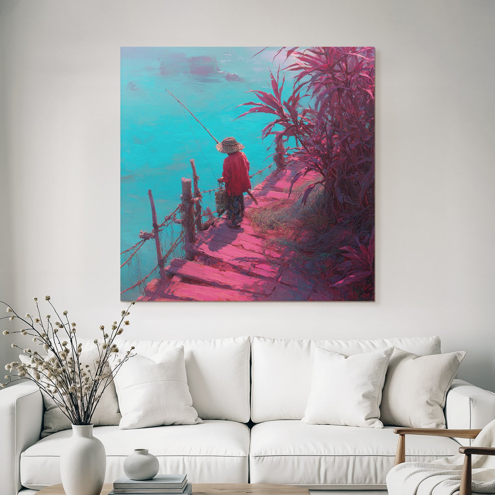 Tropics and Jungle Tranquil Landscape Fisherman on Pier Vibrant Colors