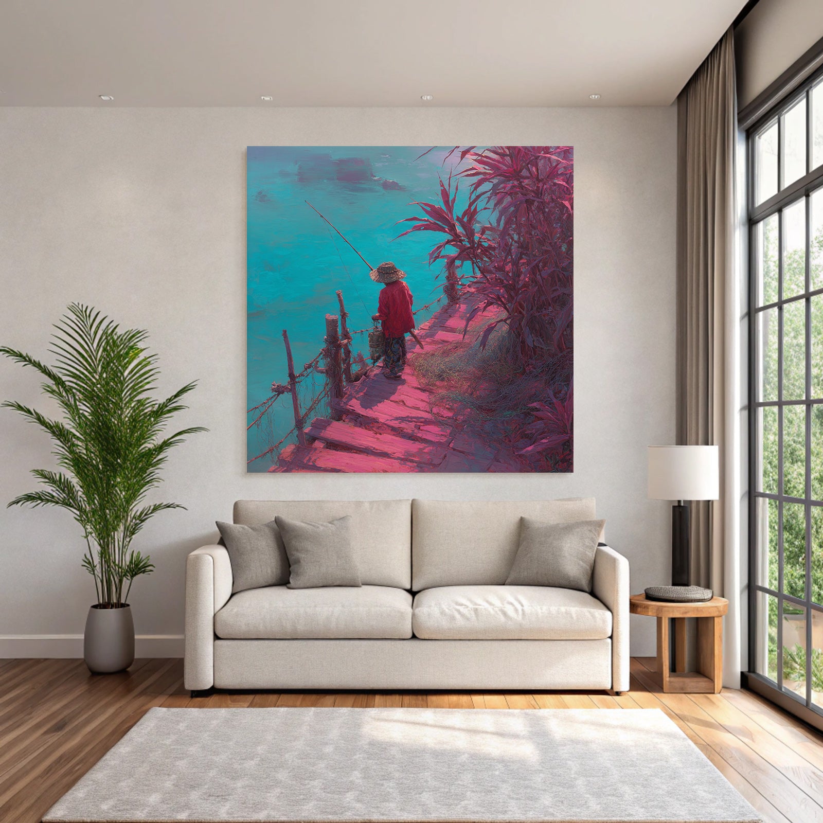 Tropics and Jungle Tranquil Landscape Fisherman on Pier Vibrant Colors