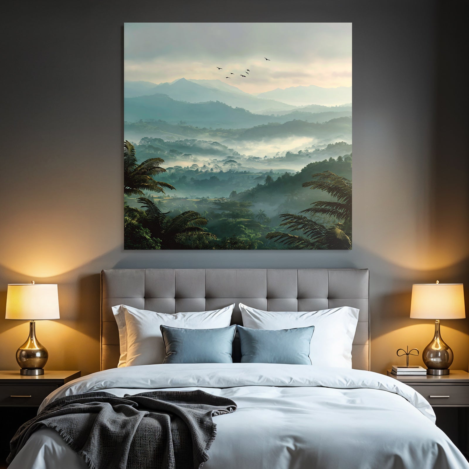 Tropical and jungle tranquil landscape with fog and birds in the mountains