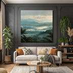 Tropical and jungle tranquil landscape with fog and birds in the mountains