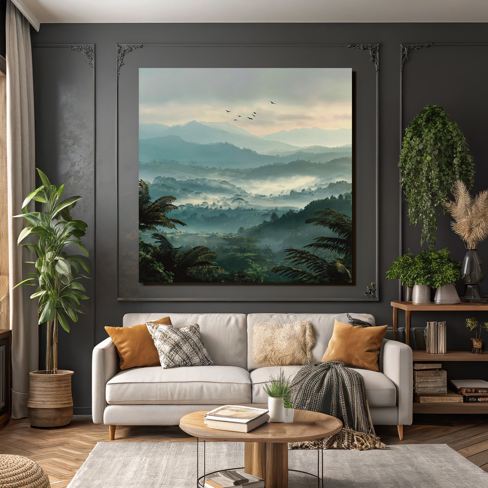 Tropical and jungle tranquil landscape with fog and birds in the mountains