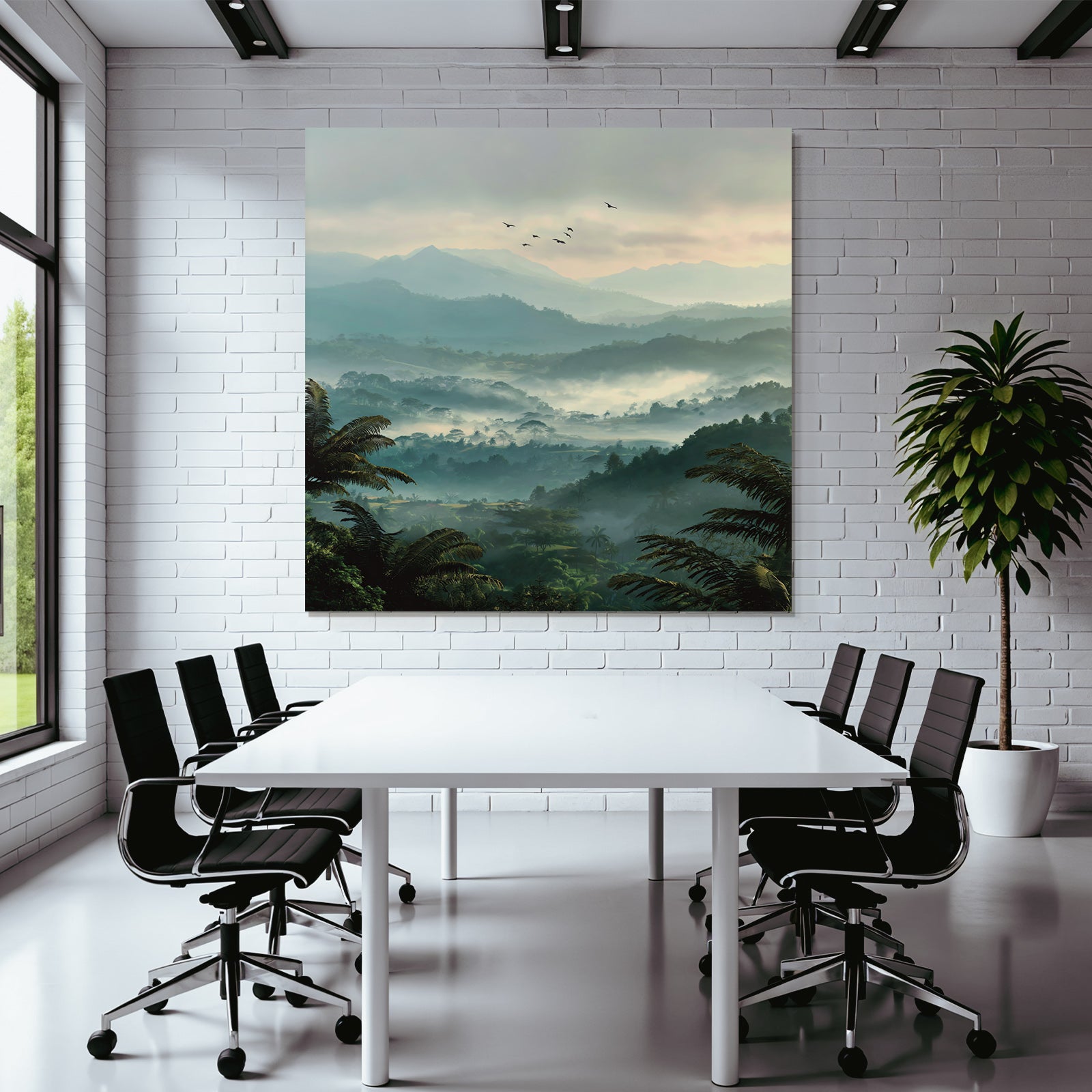 Tropical and jungle tranquil landscape with fog and birds in the mountains