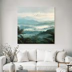 Tropical and jungle tranquil landscape with fog and birds in the mountains