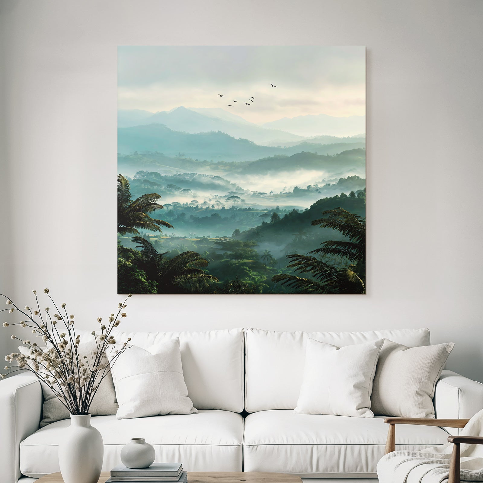 Tropical and jungle tranquil landscape with fog and birds in the mountains