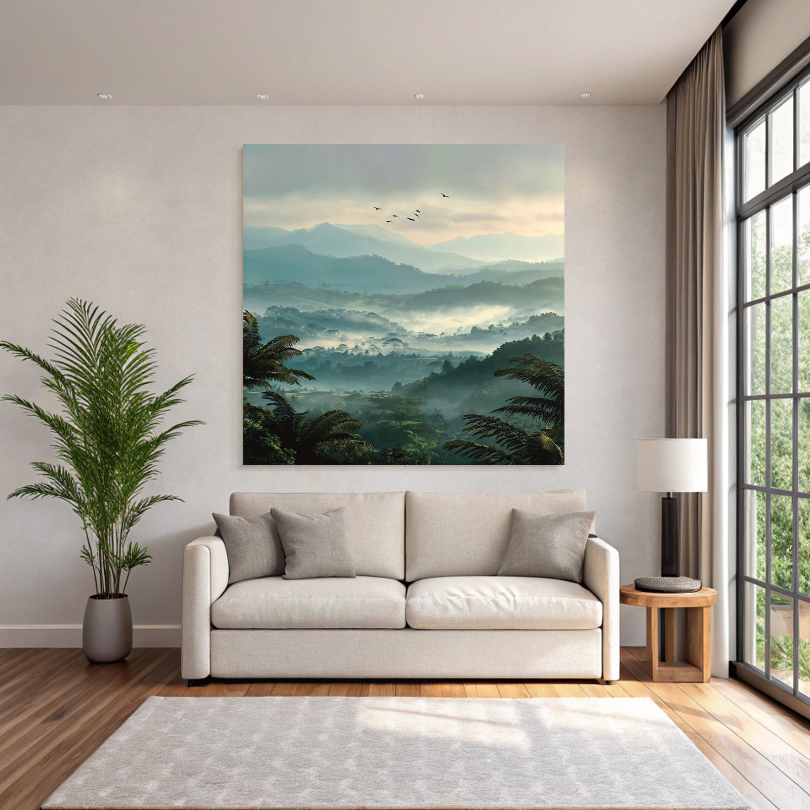 Tropical and jungle tranquil landscape with fog and birds in the mountains