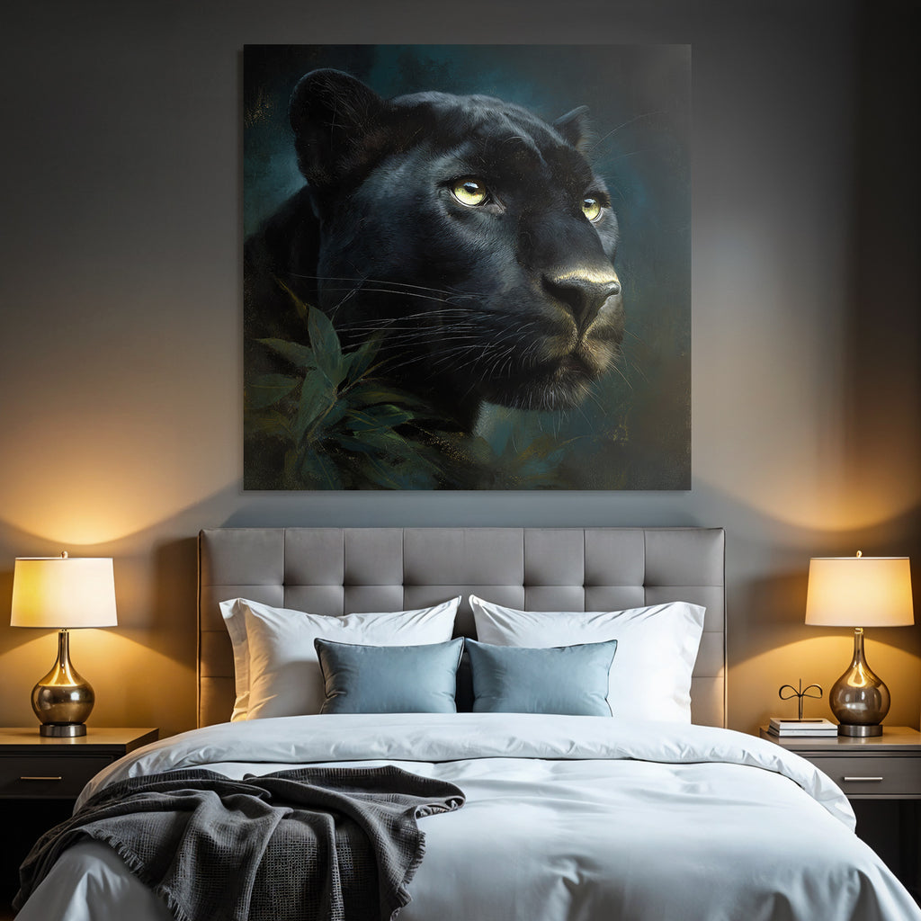 Tropics and Jungle Black Panther Portrait in the Dark with Leaves