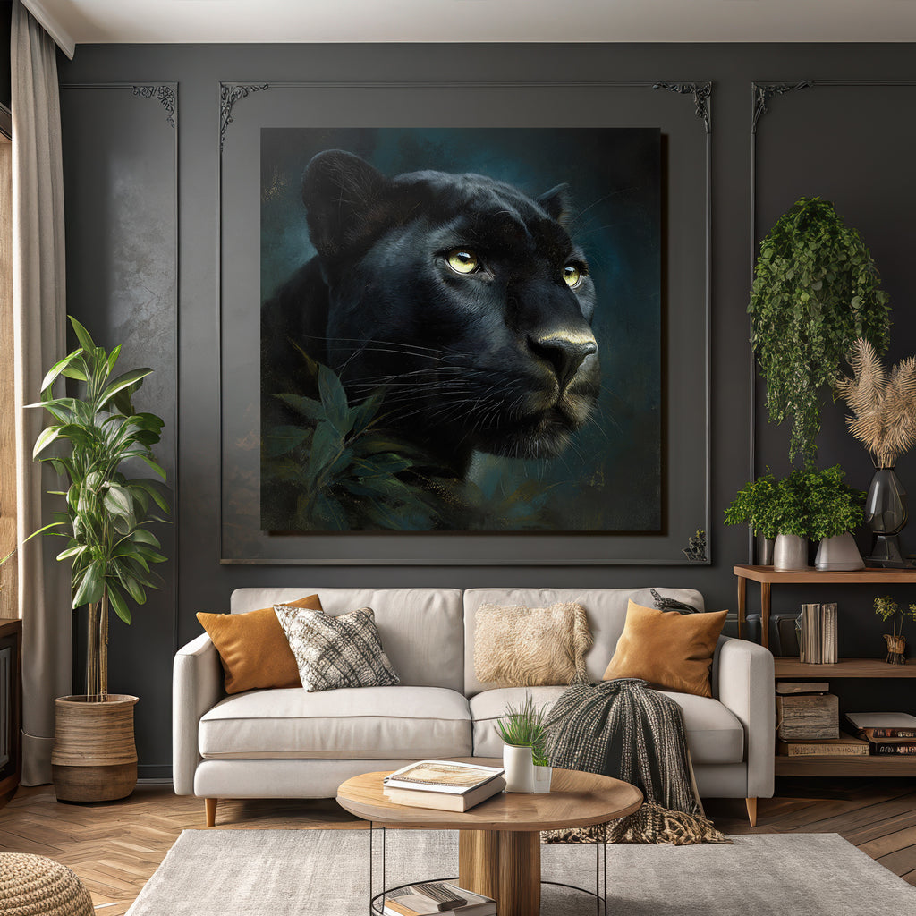 Tropics and Jungle Black Panther Portrait in the Dark with Leaves