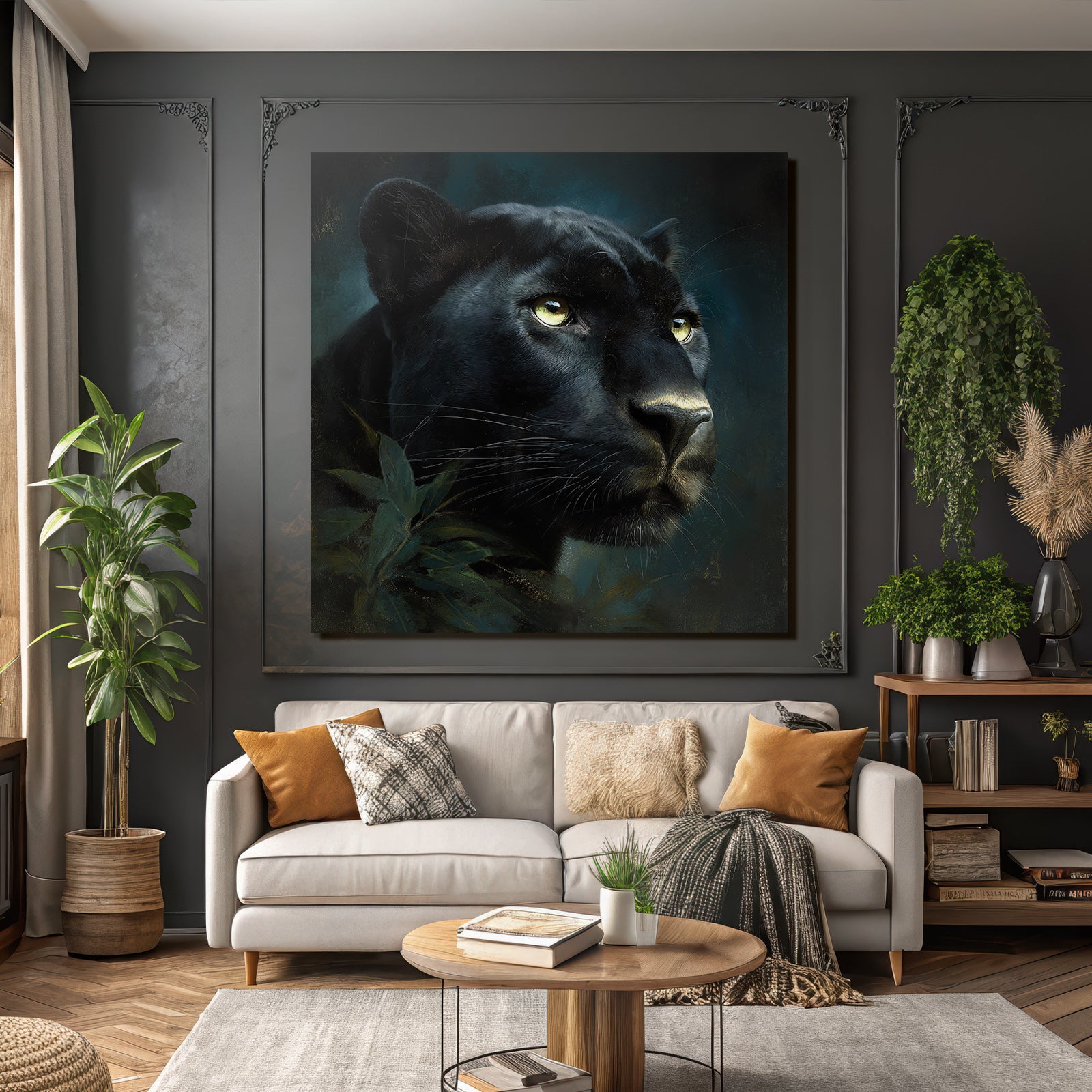 Tropics and Jungle Black Panther Portrait in the Dark with Leaves