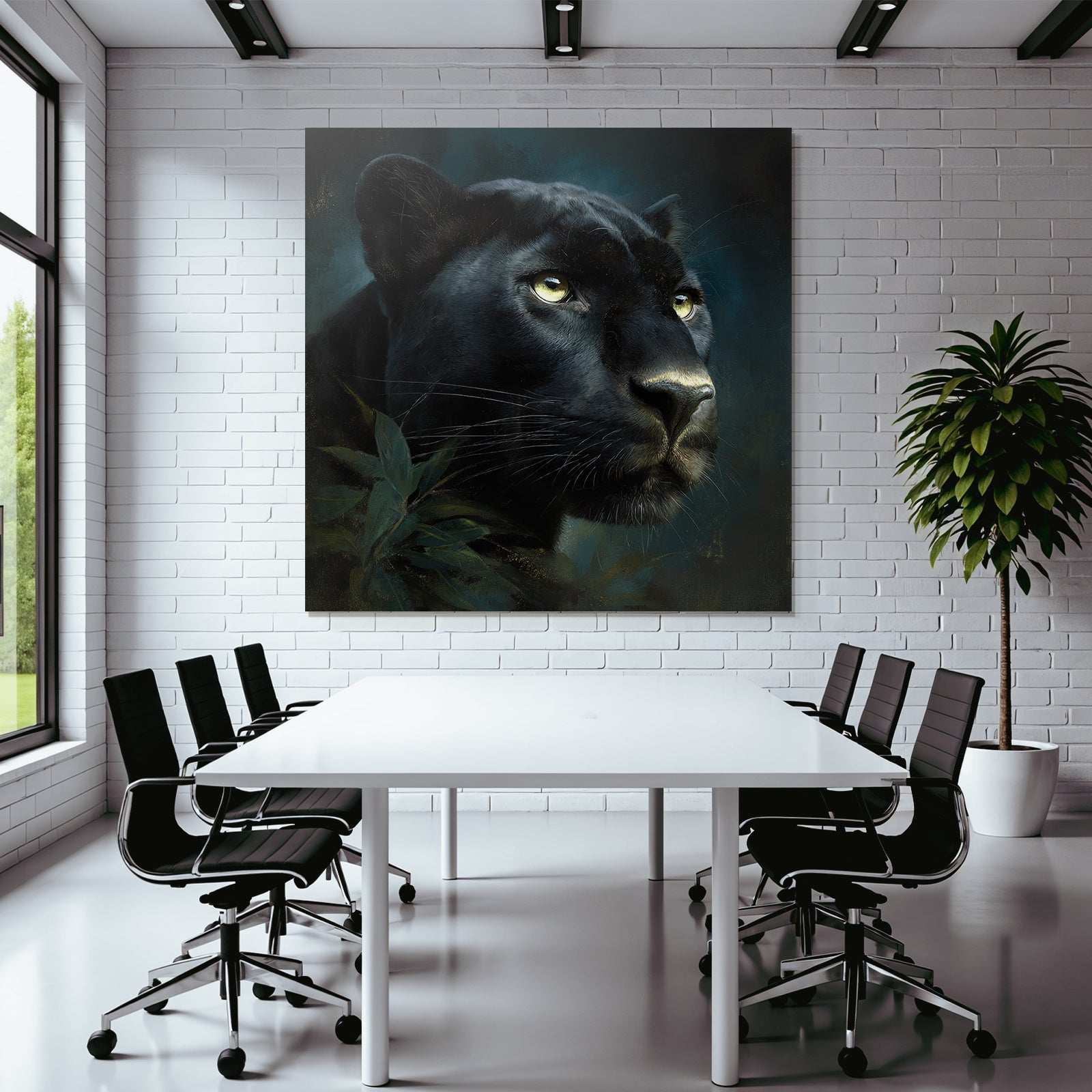 Tropics and Jungle Black Panther Portrait in the Dark with Leaves
